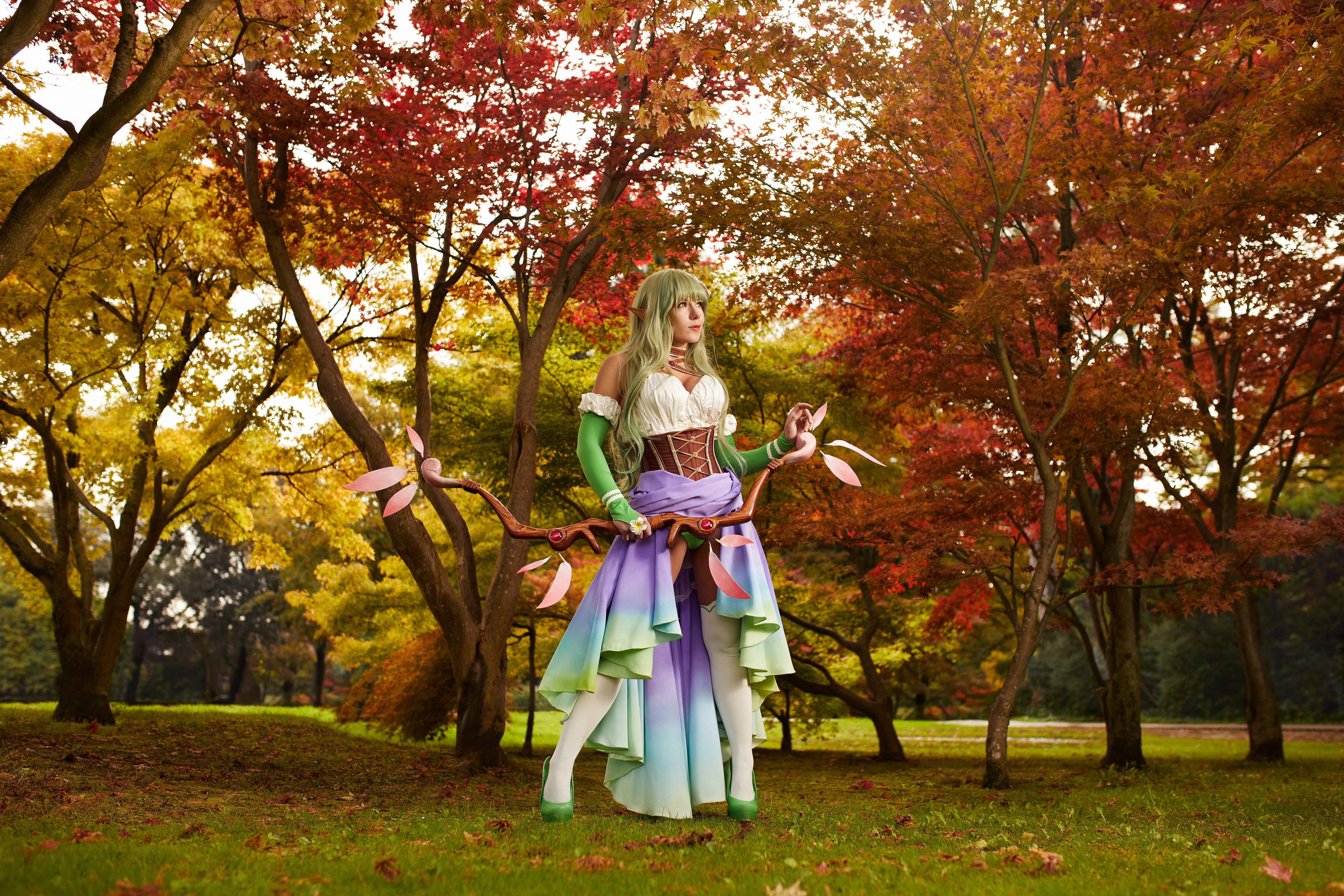 Rena from Warriors with Bow Weapon in Autumn Park HD Wallpaper