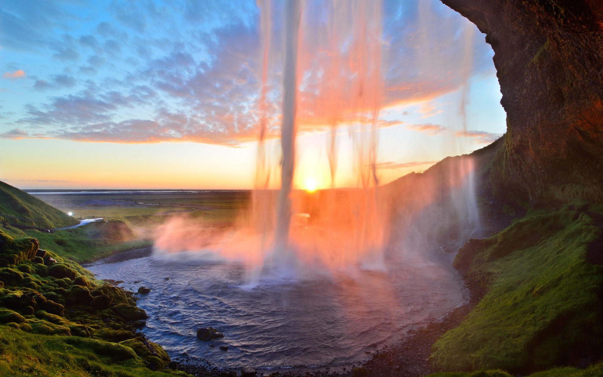 Seljalandsfoss waterfall at sunset in Iceland HD Wallpaper