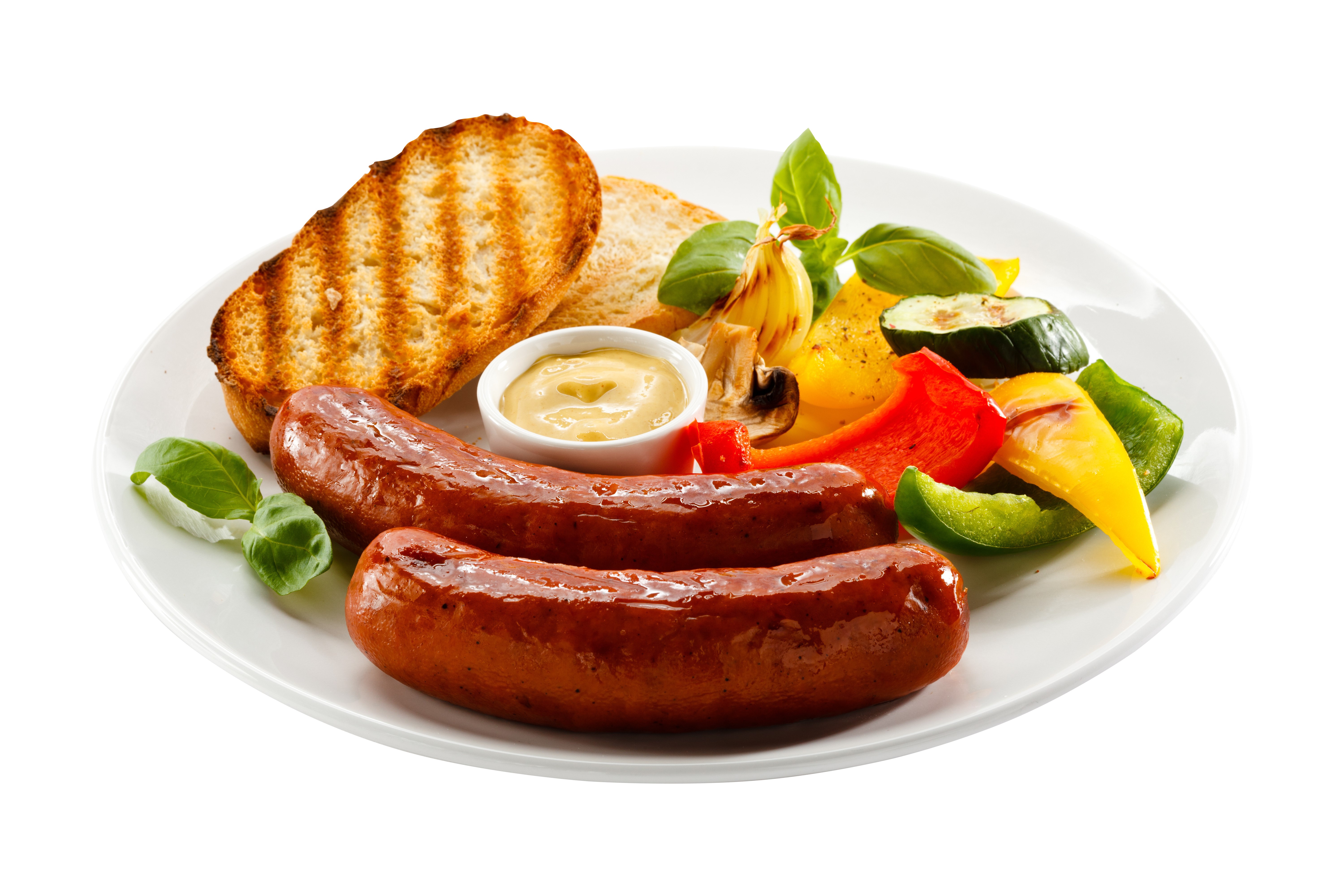 Sausages with grilled bread and vegetables on a plate HD Wallpaper