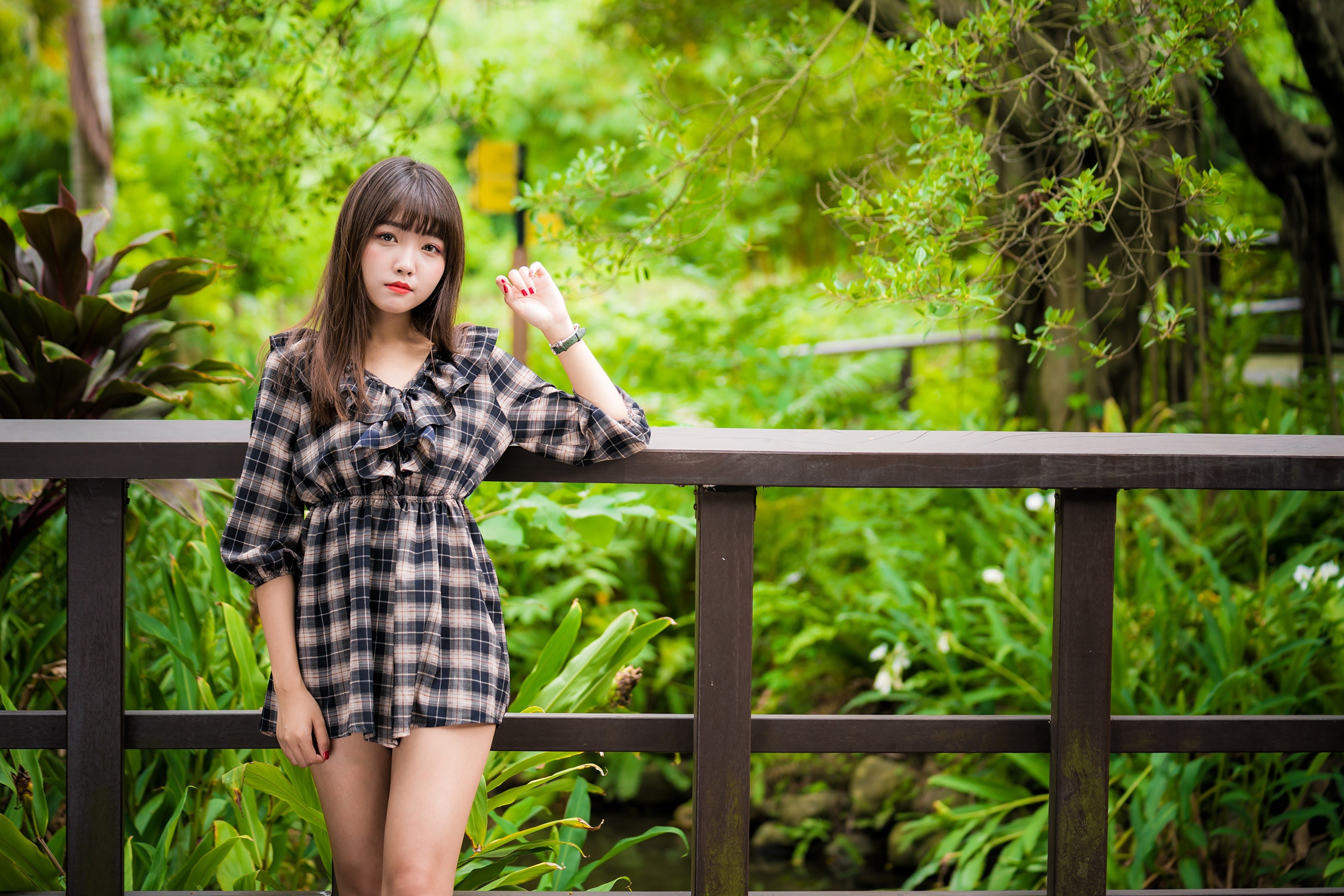 4K Asian Woman in Plaid Dress with Bokeh HD Wallpaper
