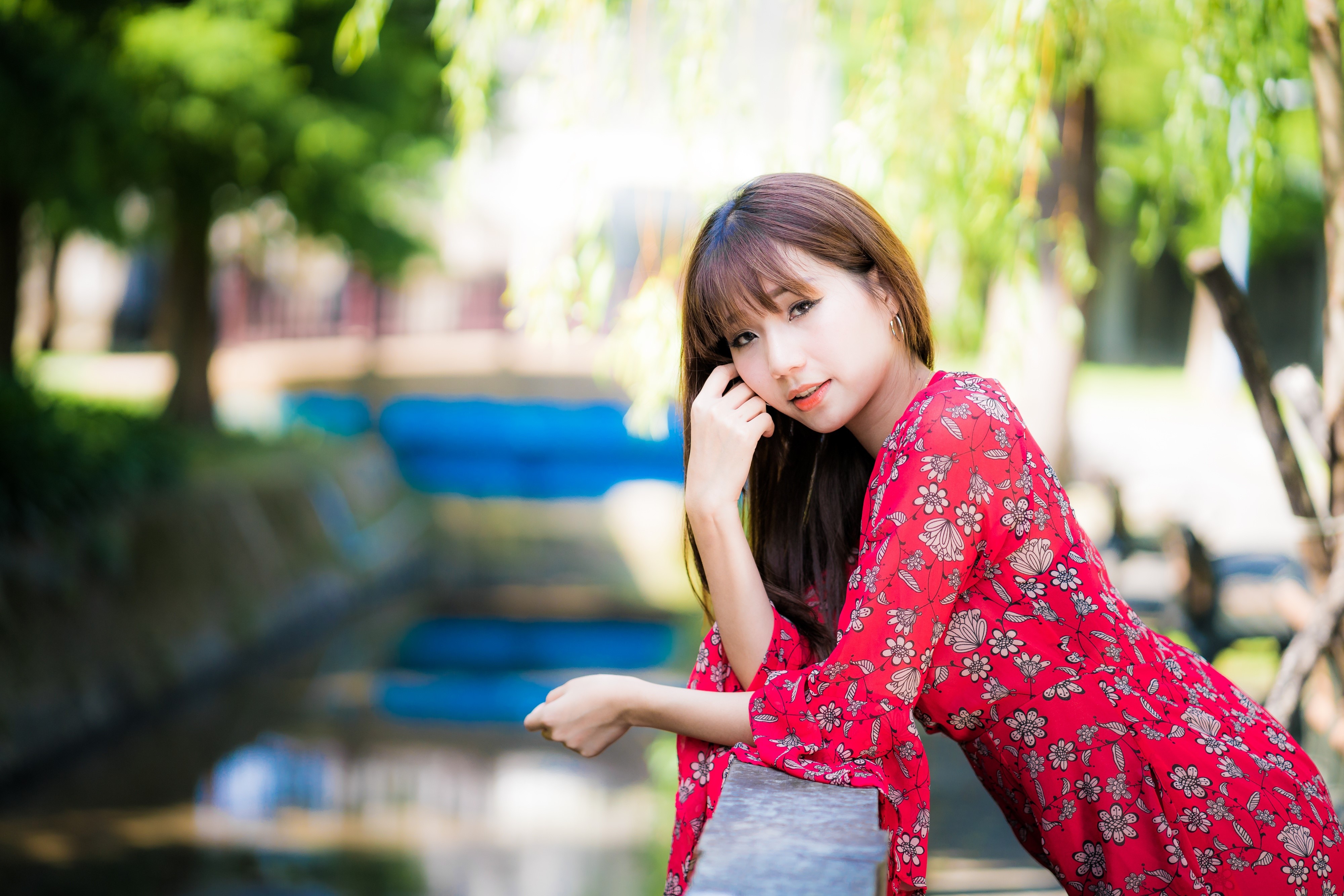 Asian woman with brown hair in a red dress HD Wallpaper