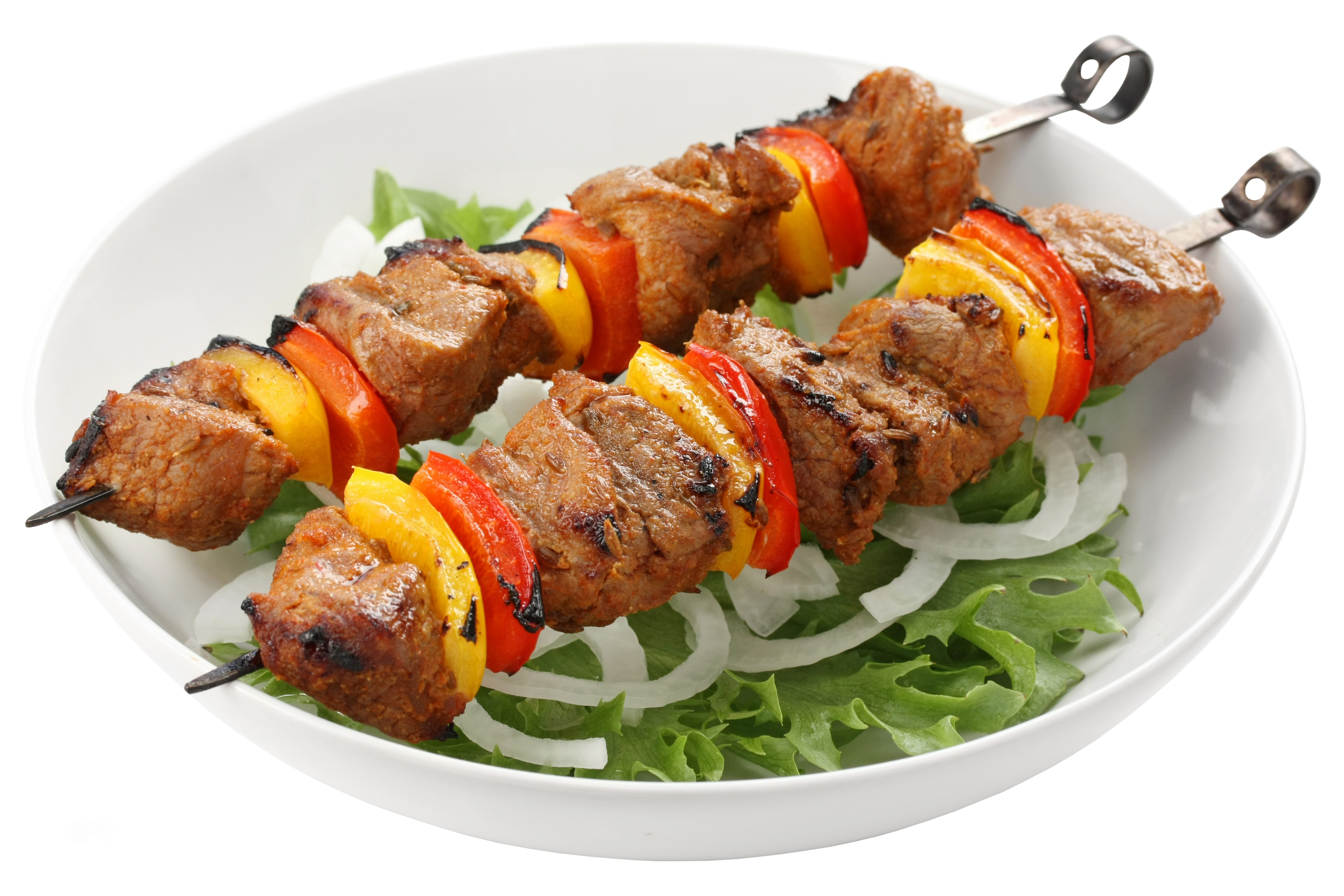 Shashlik skewers with bell peppers on a plate HD Wallpaper