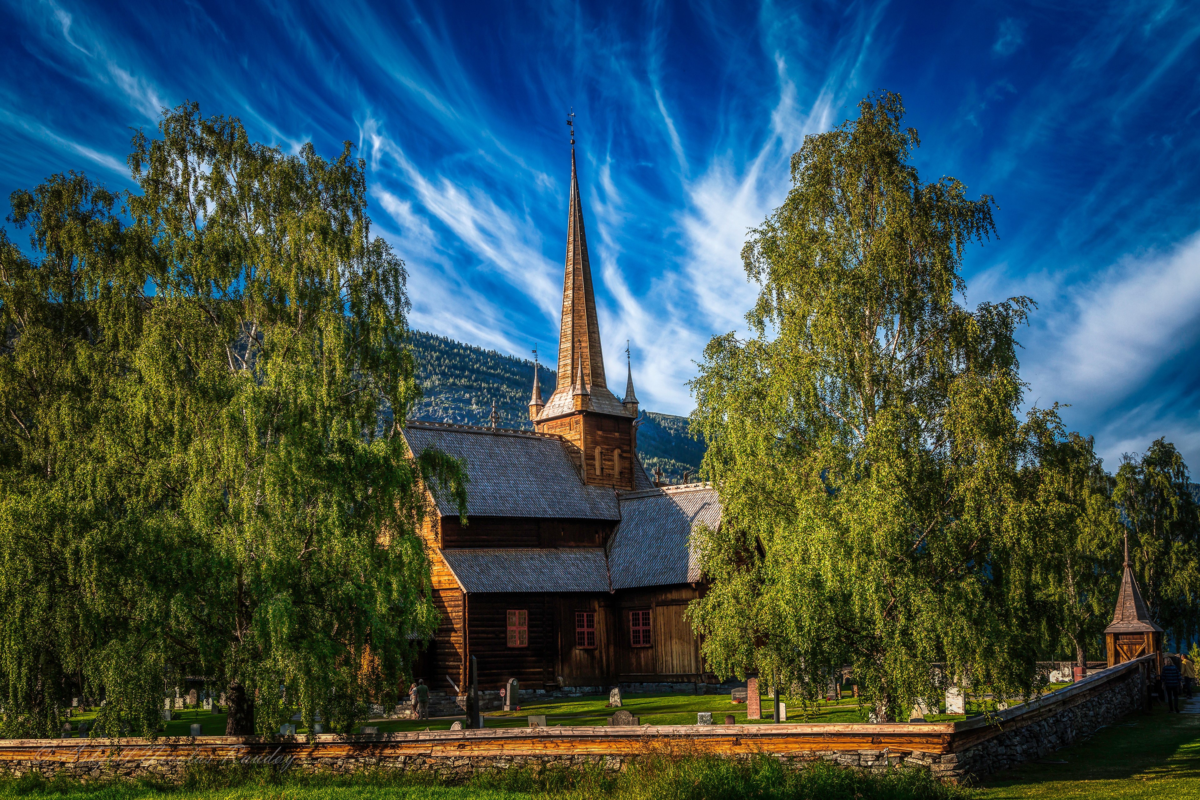4K Lom Church in Norway with Trees HD Wallpaper