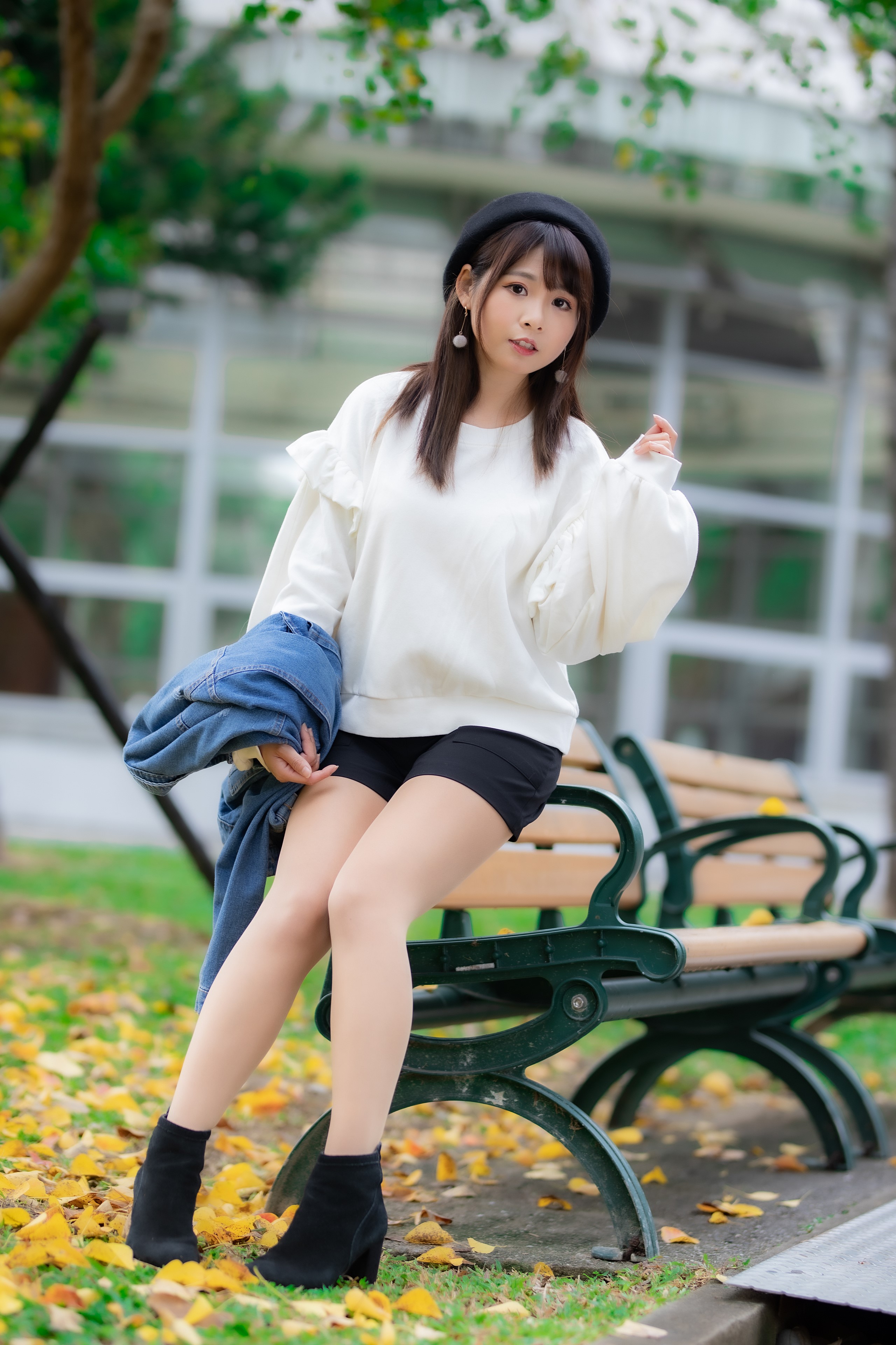 Asian Brunette Girl Sitting on Park Bench HD Phone Wallpaper