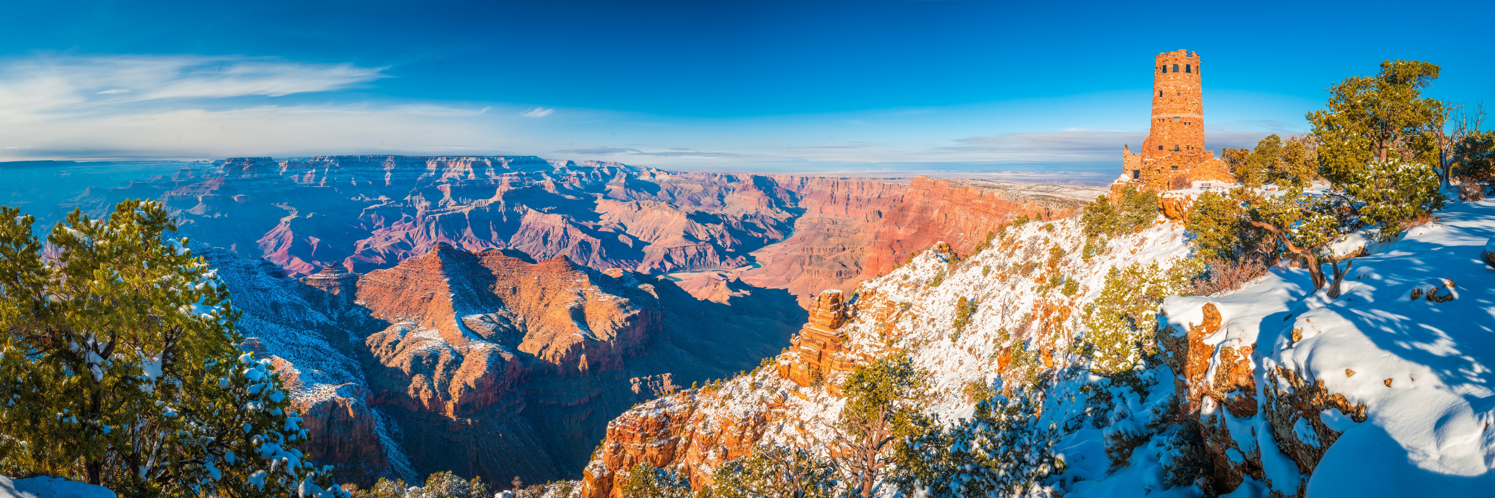 Grand Canyon National Park Panorama with Desert View Watchtower in Snow HD Wallpaper