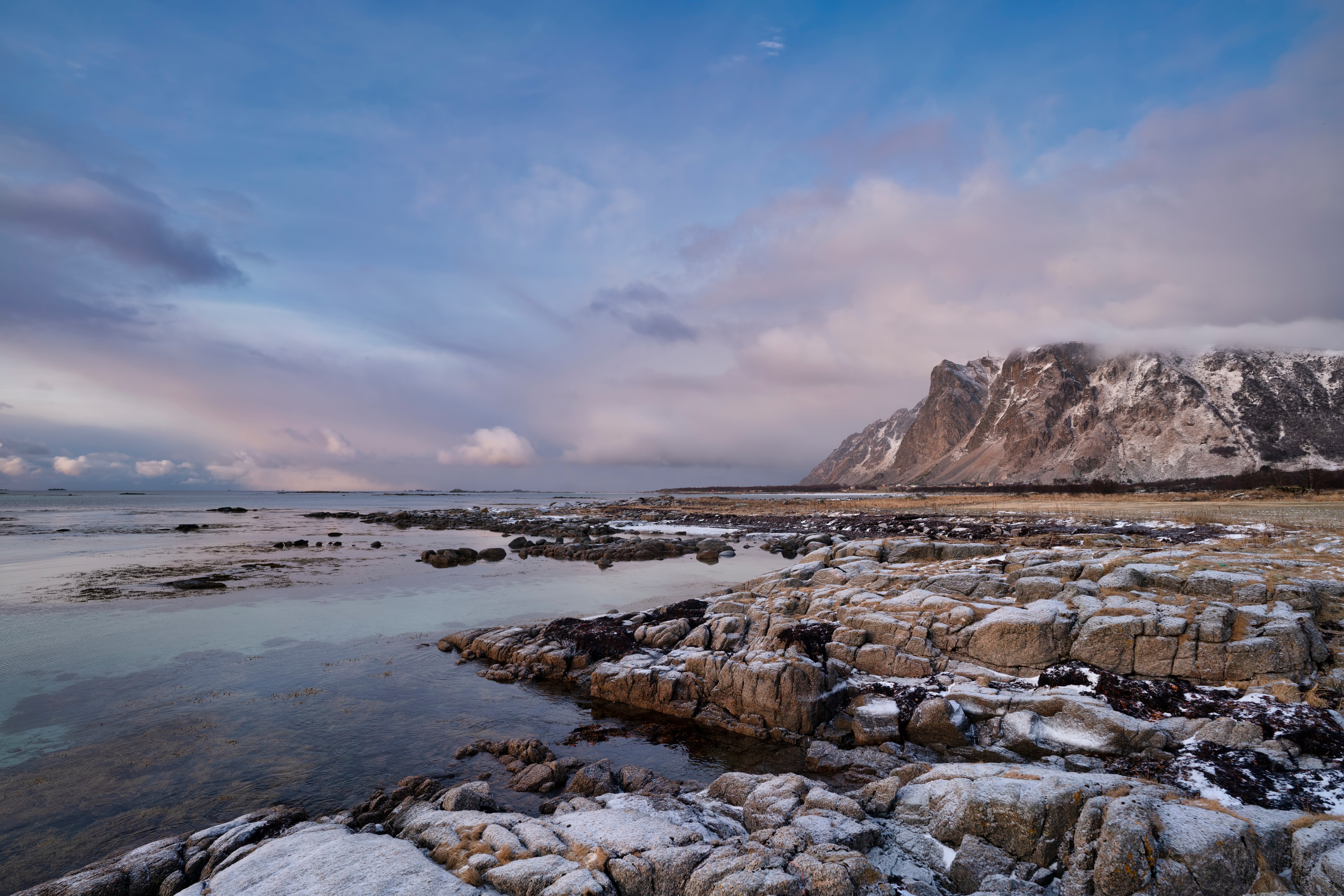 Norway Lofoten Coast Mountains Stones Clouds HD Wallpaper