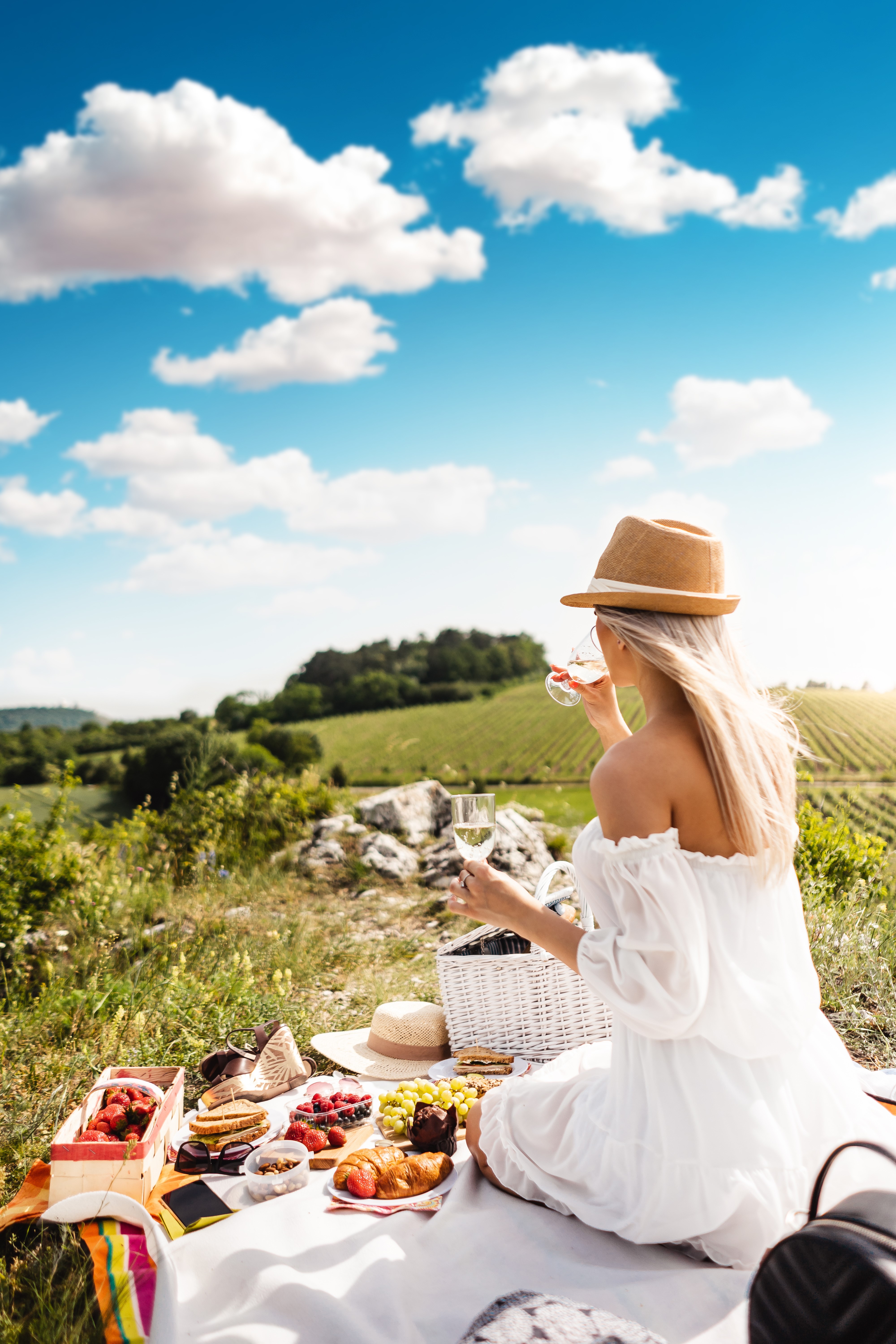 Woman in Hat Having a Picnic with Wine HD Phone Wallpaper
