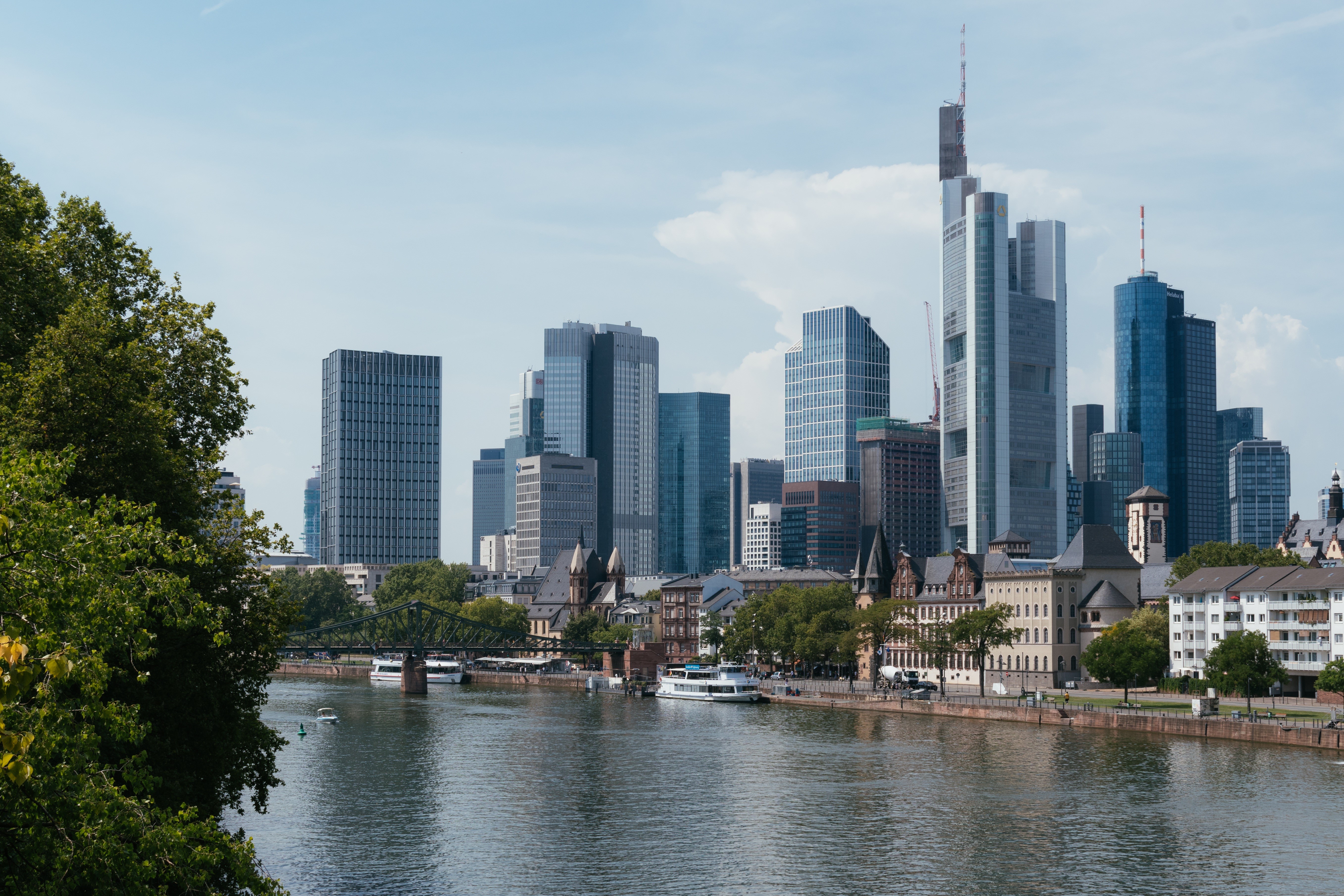 Frankfurt Skyline with River and Bridge, Germany HD Wallpaper
