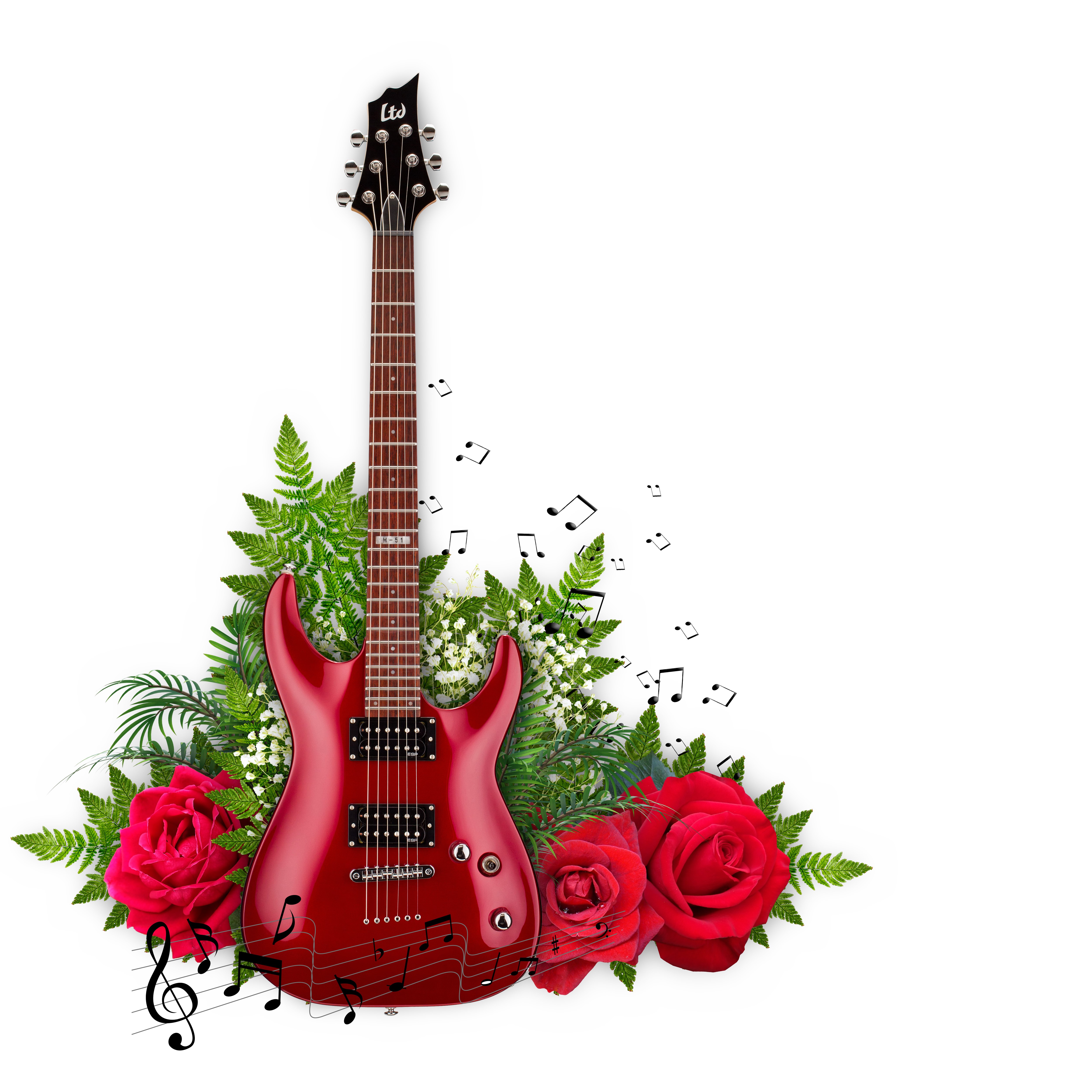 Red Electric Guitar with Roses and Music Notes HD Wallpaper