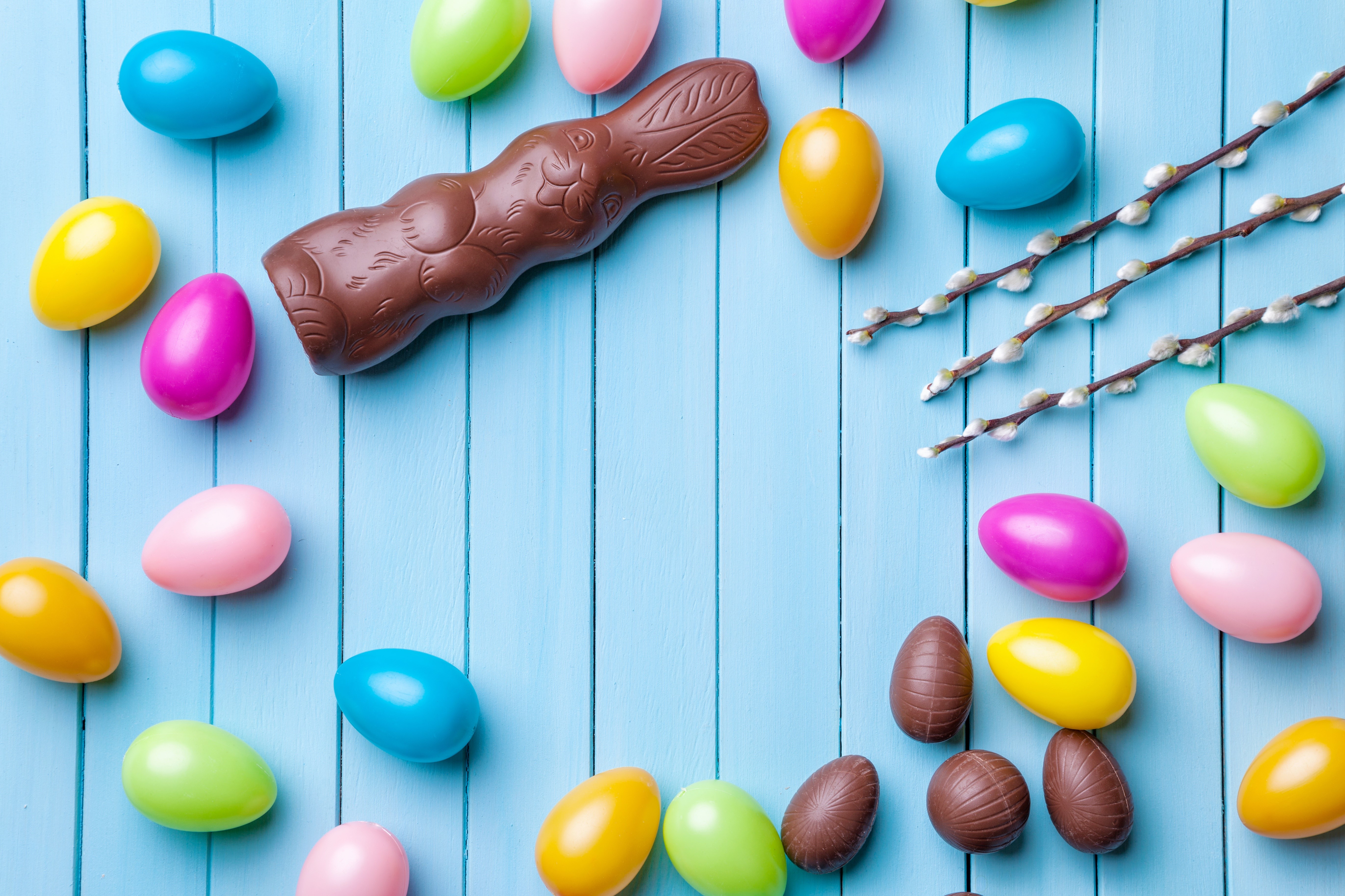 Easter Chocolate Rabbit and Eggs on Blue Wood Planks HD Wallpaper