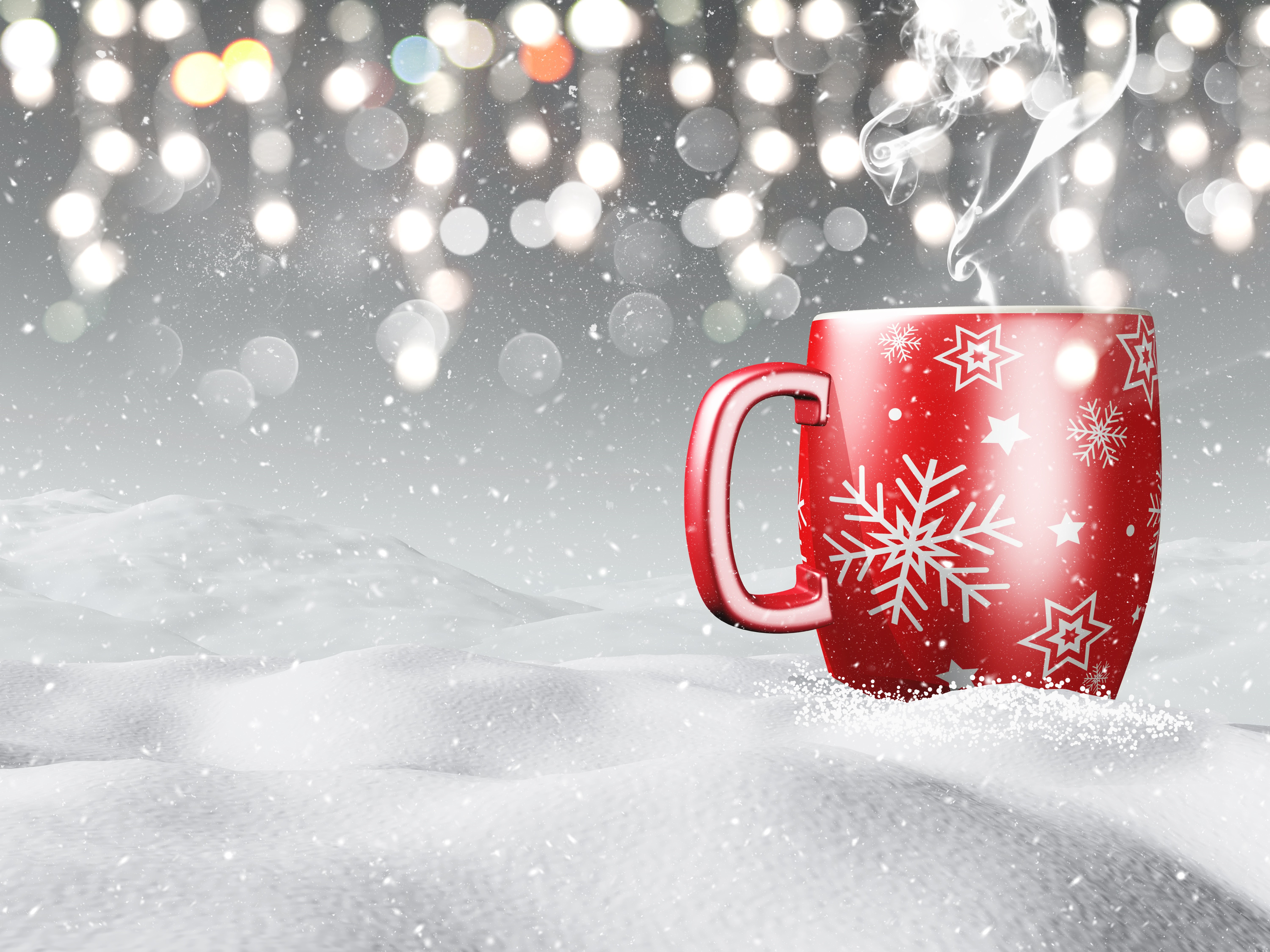 Red Christmas Mug with Snowflakes in Snow HD Wallpaper