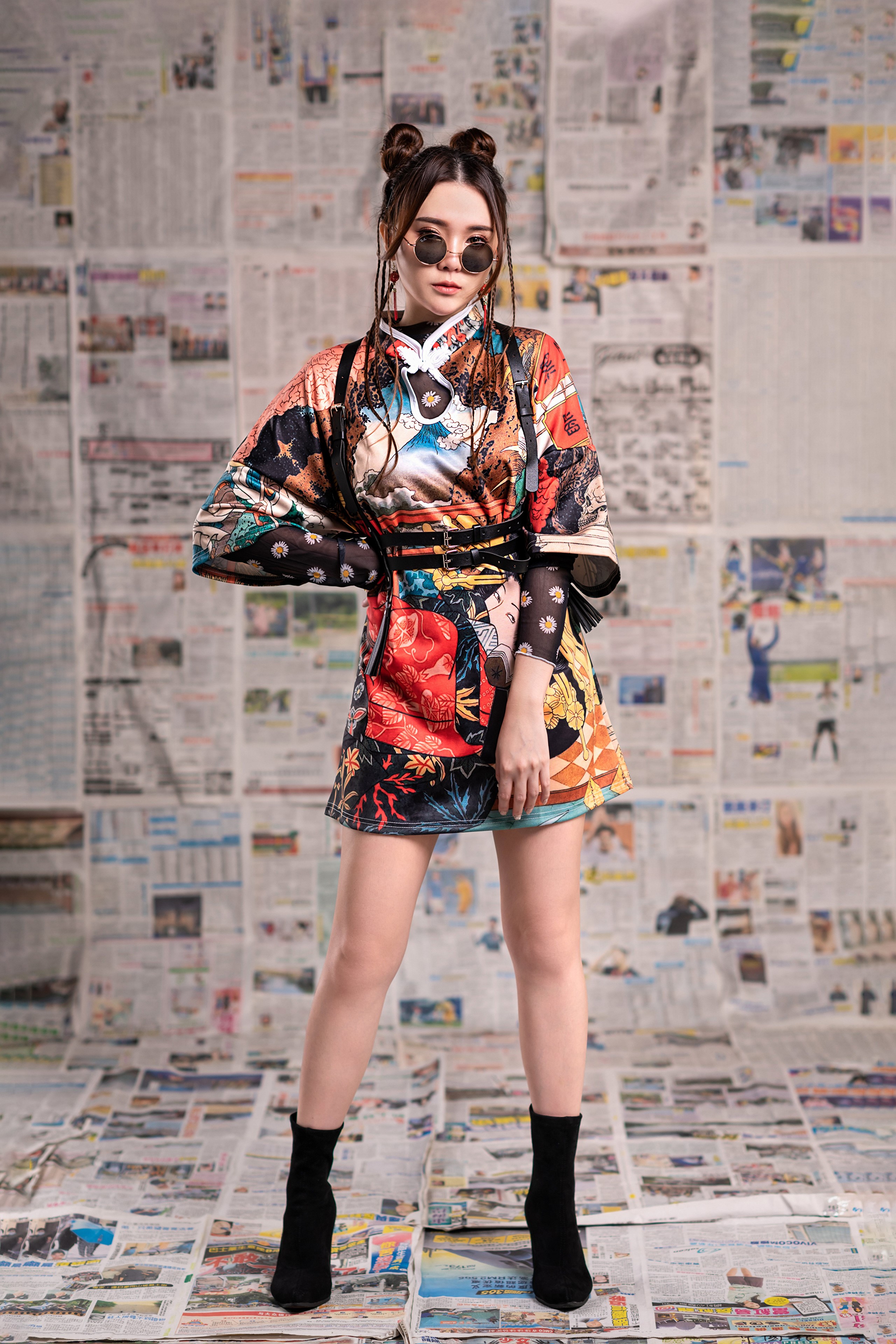 Asian woman in a patterned dress and sunglasses HD Phone Wallpaper