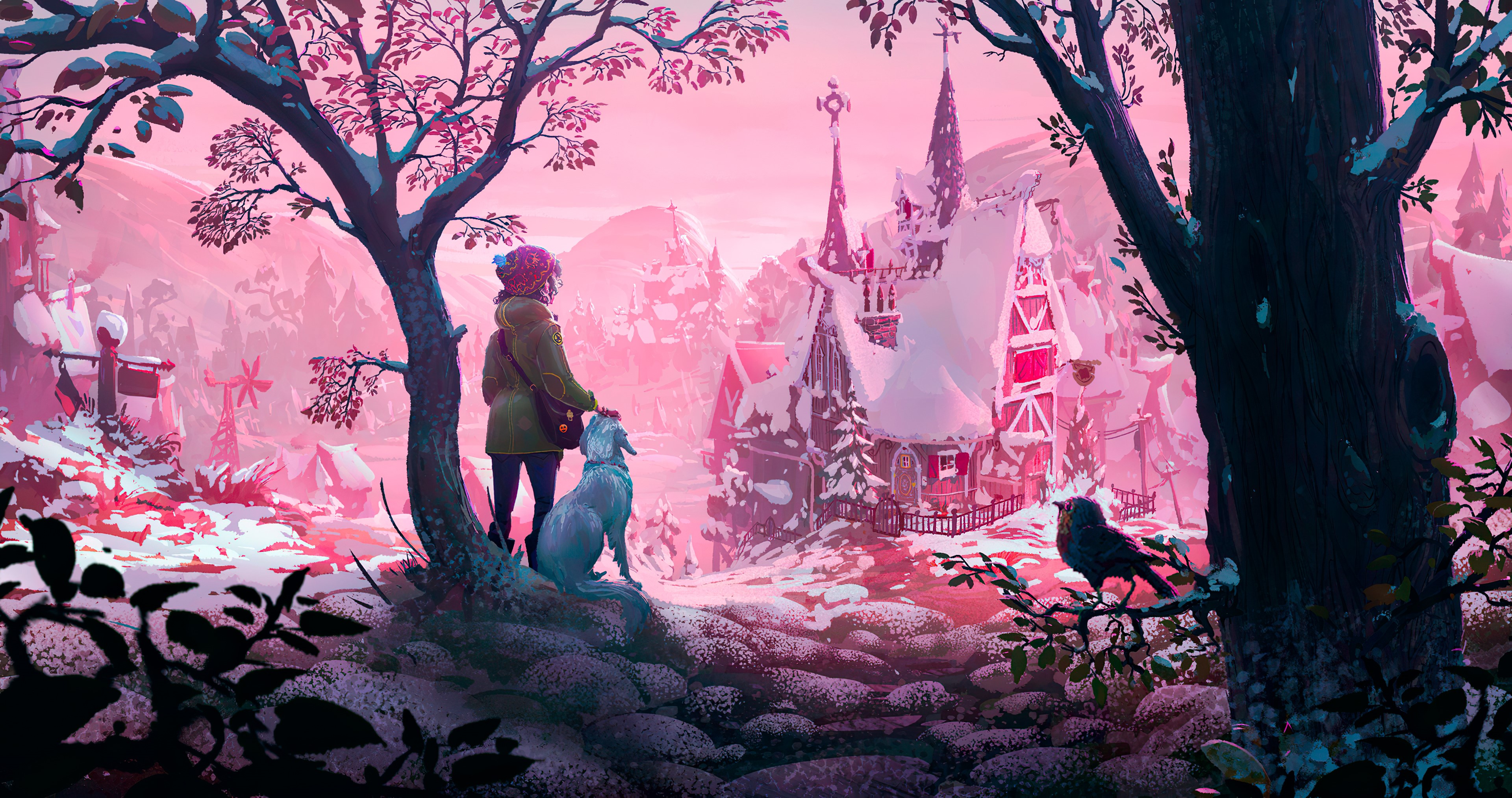Girl and dog in a snowy village with birds HD Wallpaper