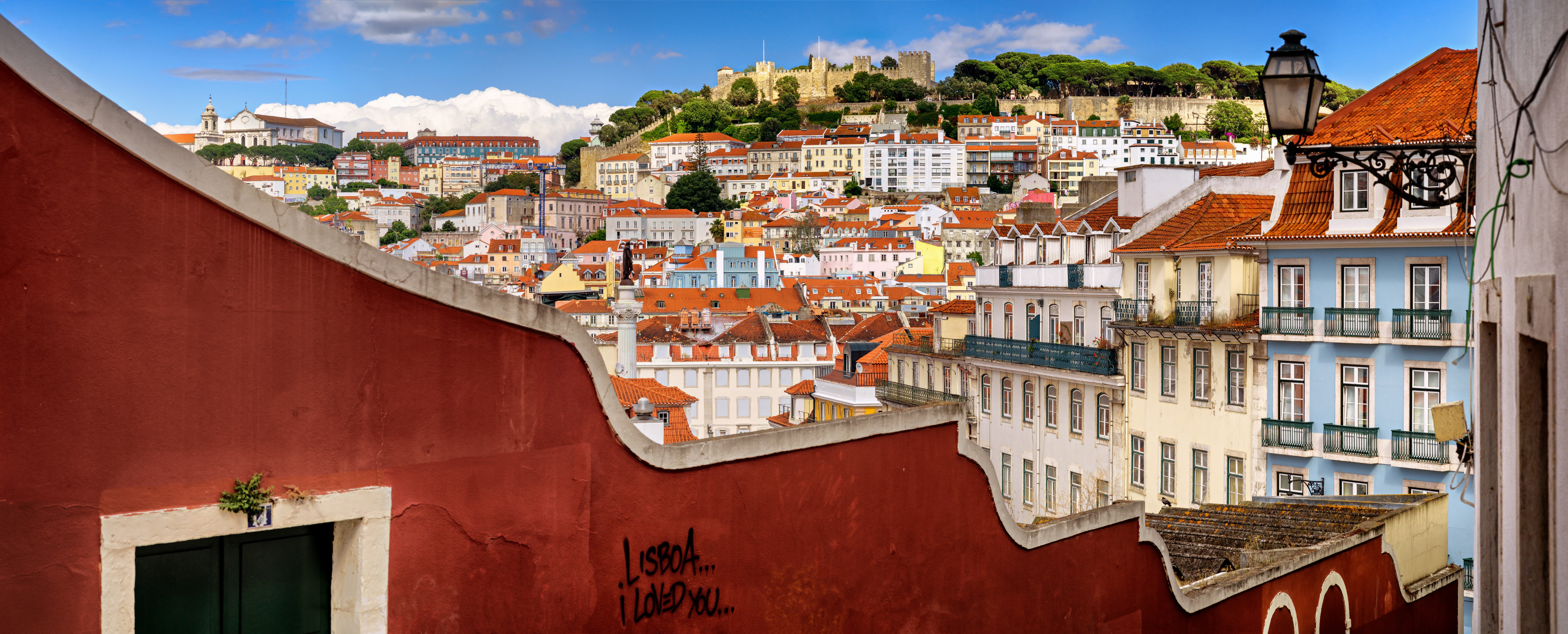Lisbon Panorama with Castle Hill and Houses HD Wallpaper