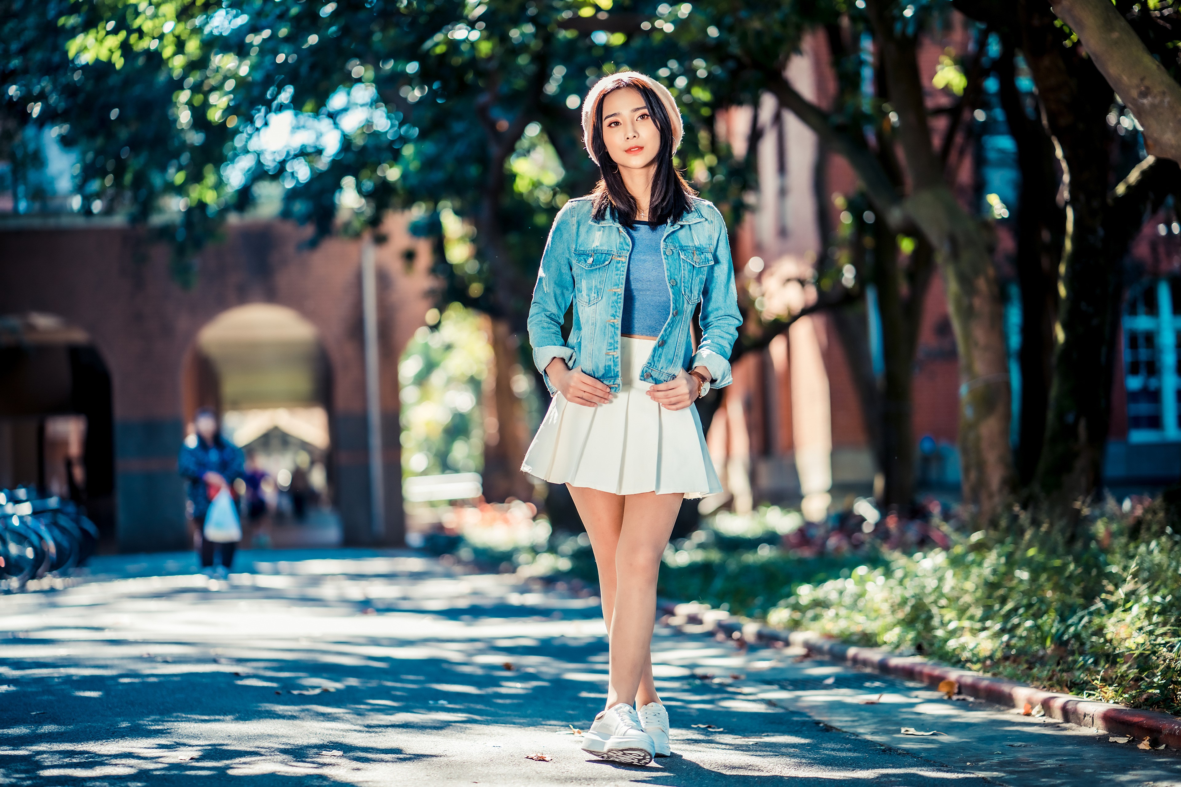 4K Asian Woman in Denim Jacket and Skirt HD Wallpaper