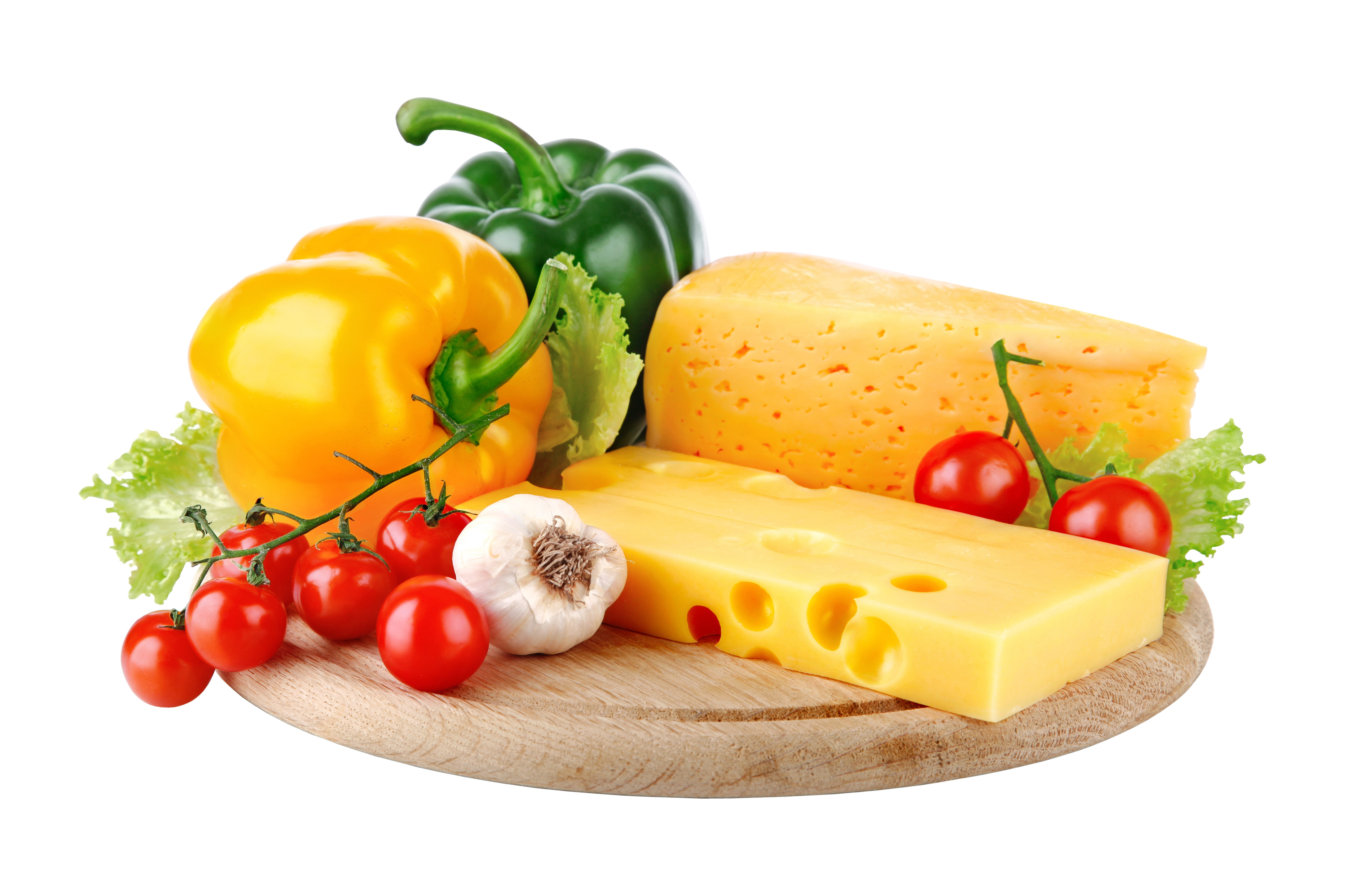 Cheese, Garlic, Tomatoes, and Bell Peppers on a Wooden Board HD Wallpaper