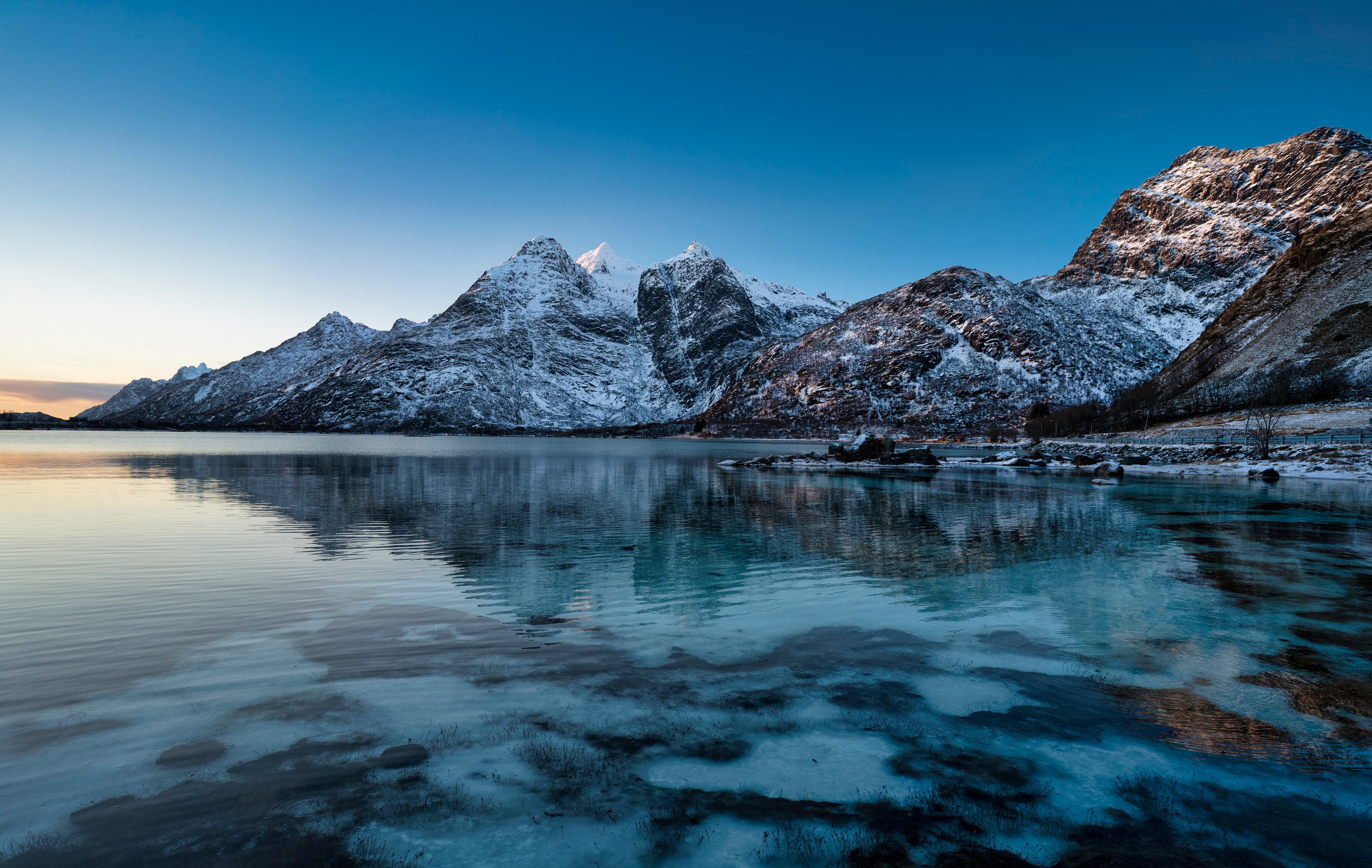 Snowy Lofoten Mountains over Raftsundet, Norway HD Wallpaper