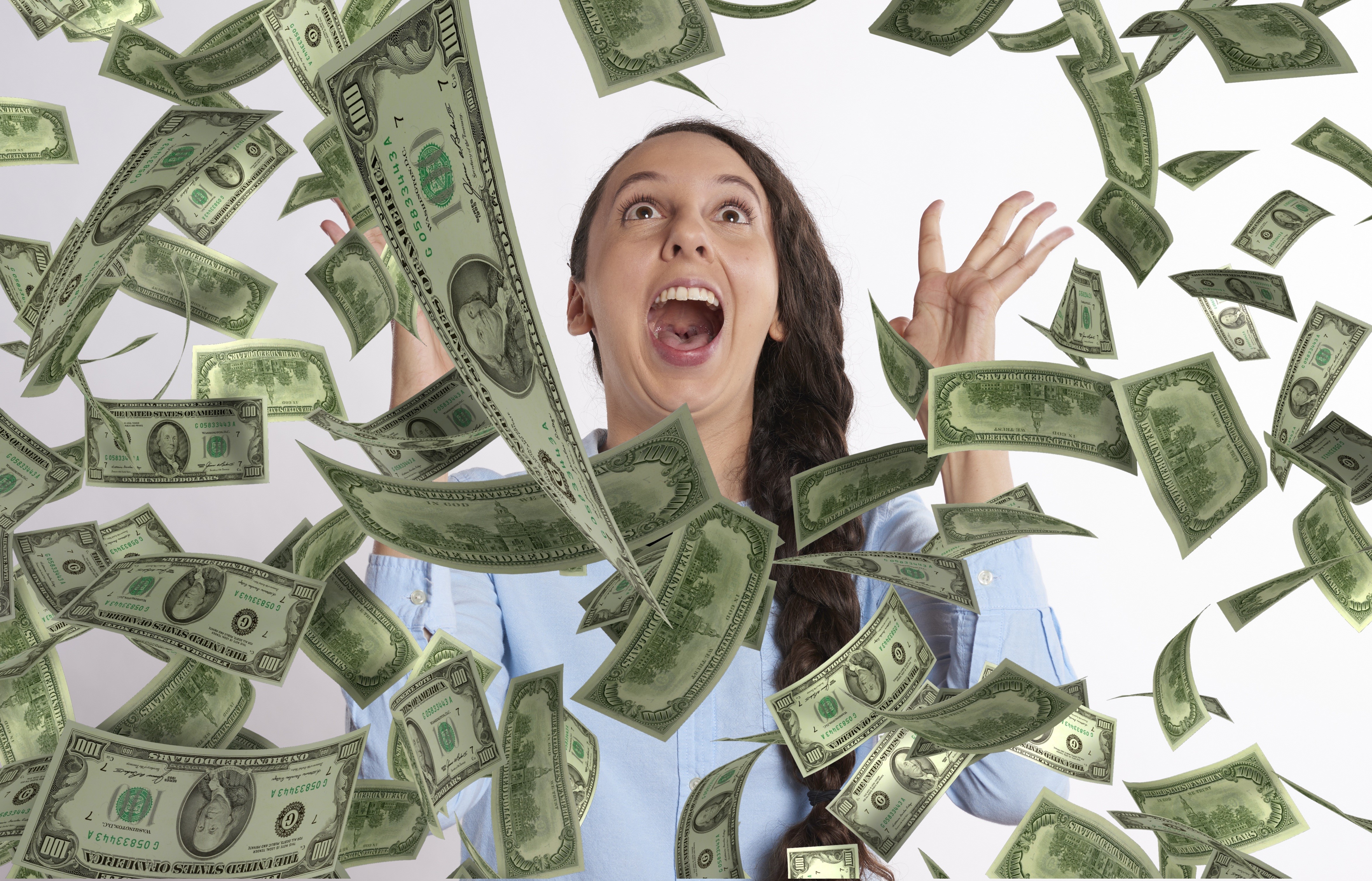 Brunette girl screaming as money falls around her HD Wallpaper