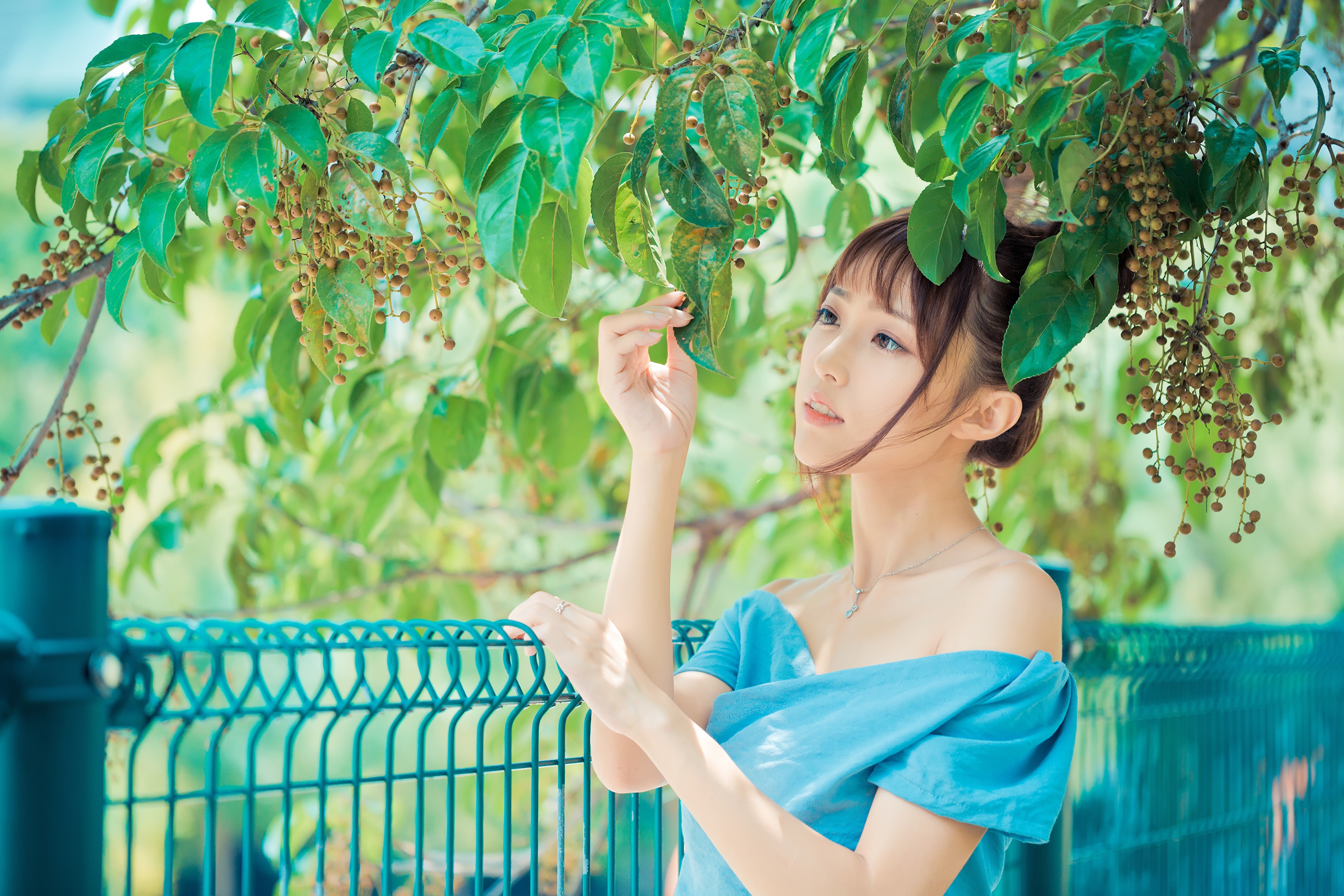 Asian woman in blue dress under tree branches HD Wallpaper