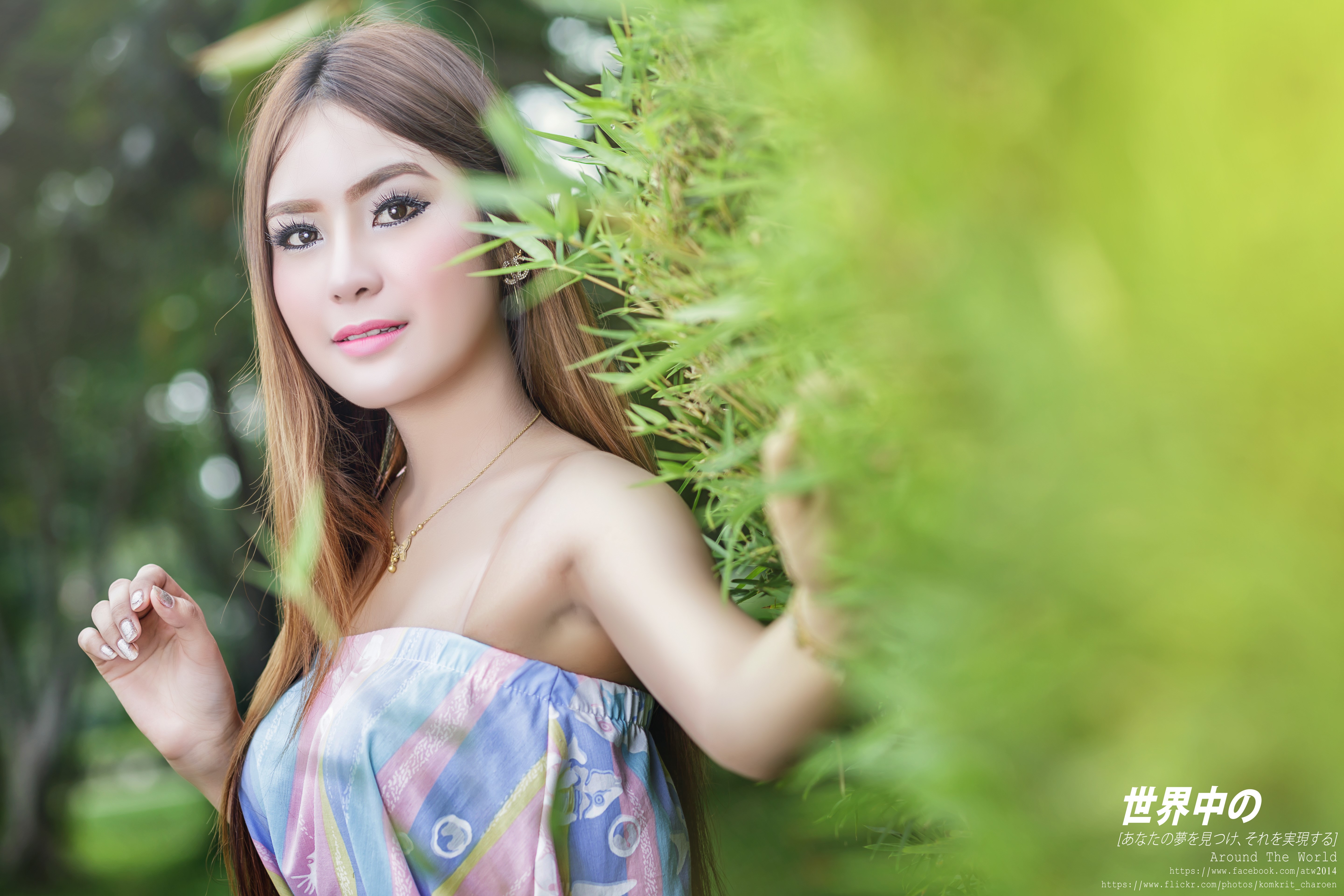 Asian woman with brown hair in a colorful dress HD Wallpaper