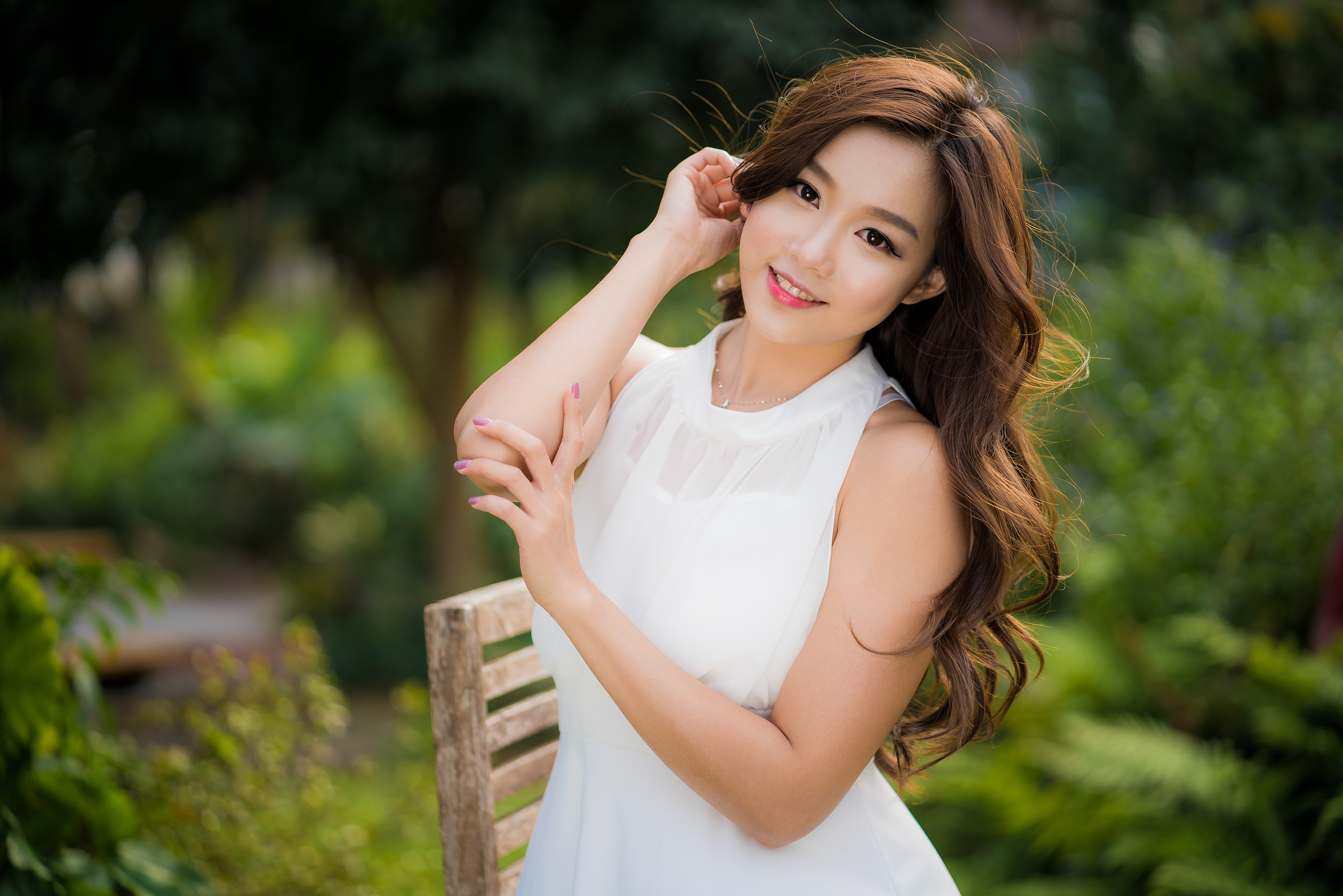 4K Asian Woman Smiling with Brown Hair HD Wallpaper