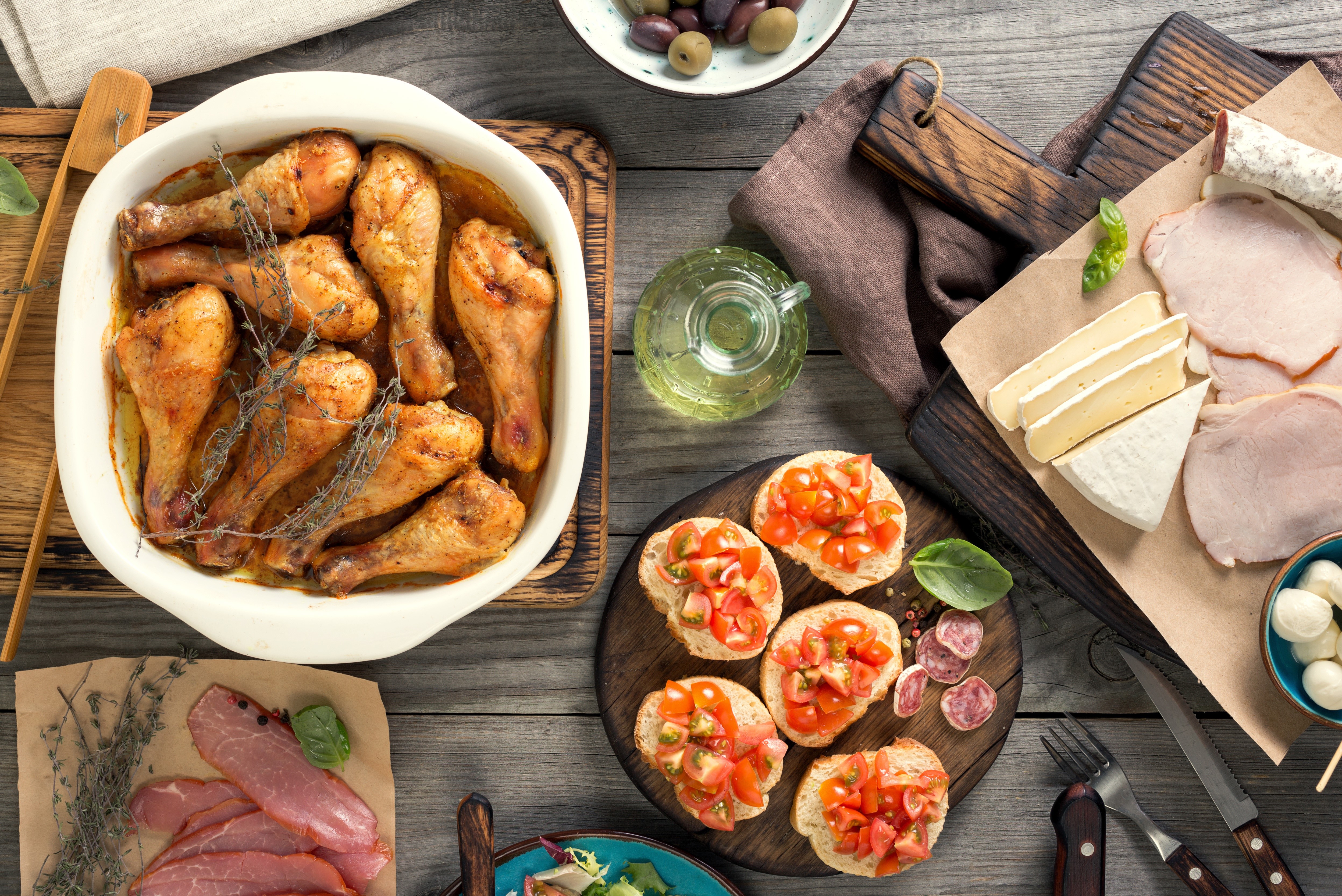 Roasted Chicken Drumsticks with Charcuterie and Bruschetta HD Wallpaper