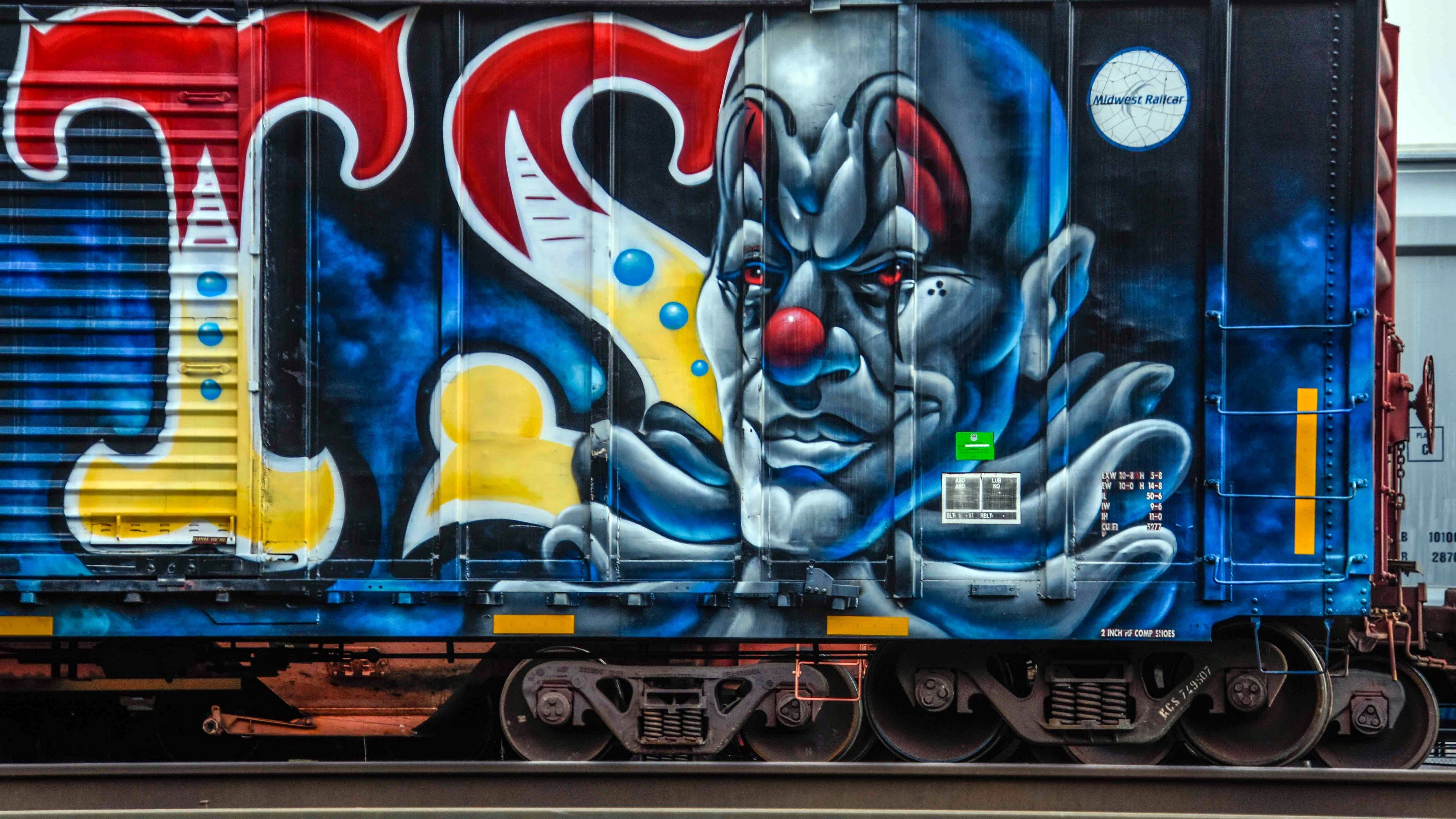 Graffiti of a clown on a train car HD Wallpaper