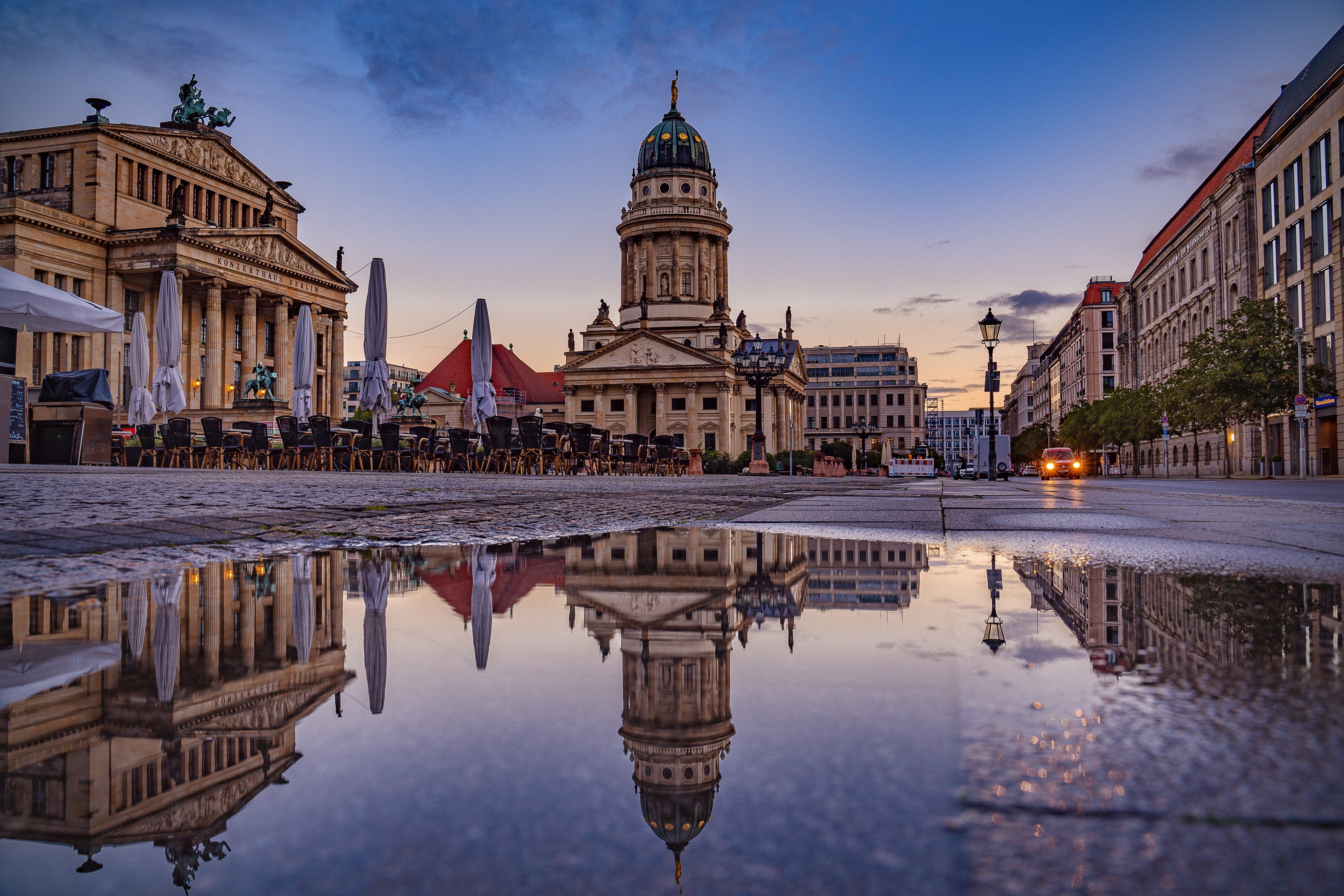 Berlin Germany Gendarmenmarkt at Dusk with Puddle Reflection HD Wallpaper