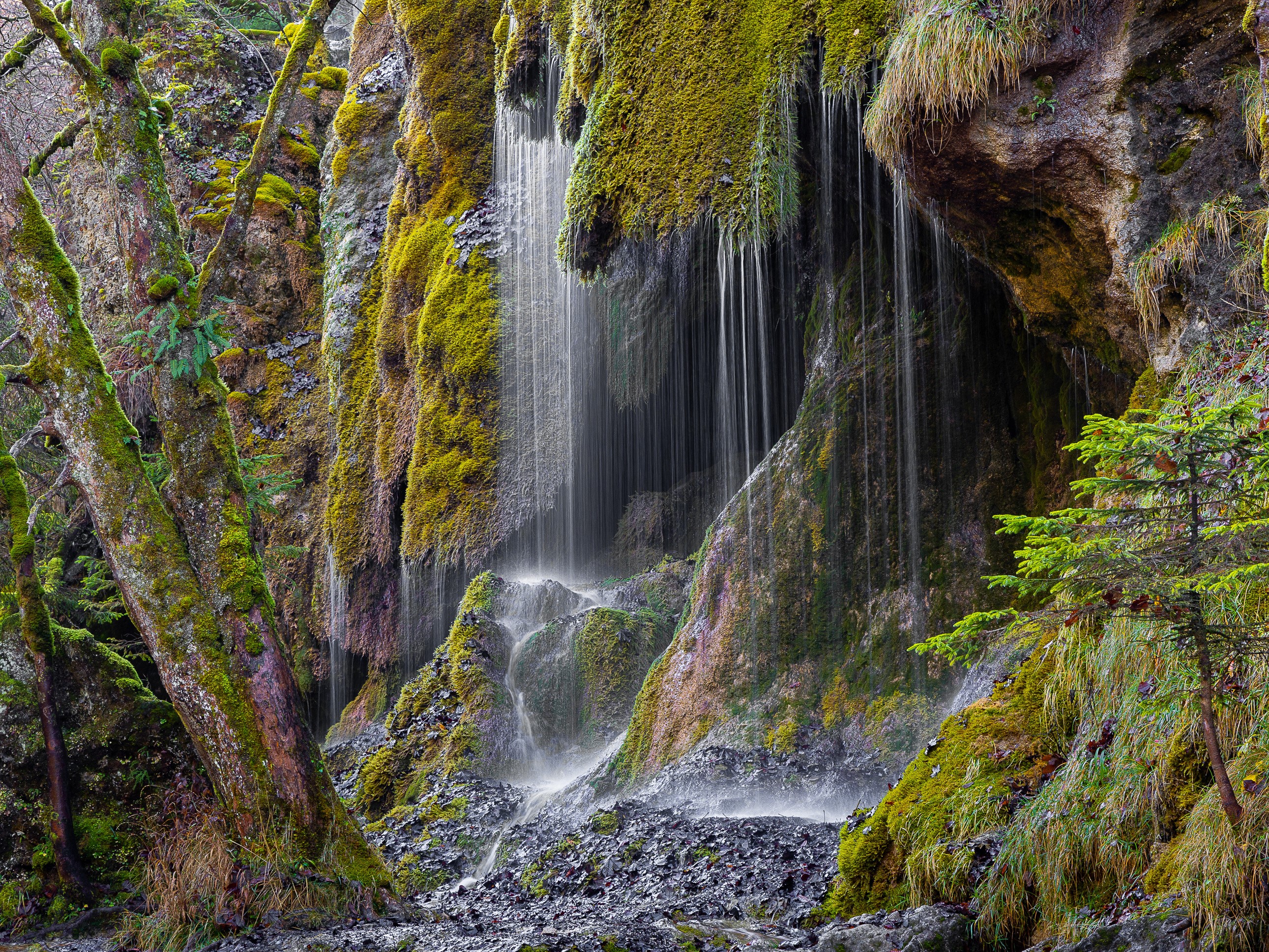 Moss-covered rocks with a waterfall in the Ammergau Alps HD Wallpaper