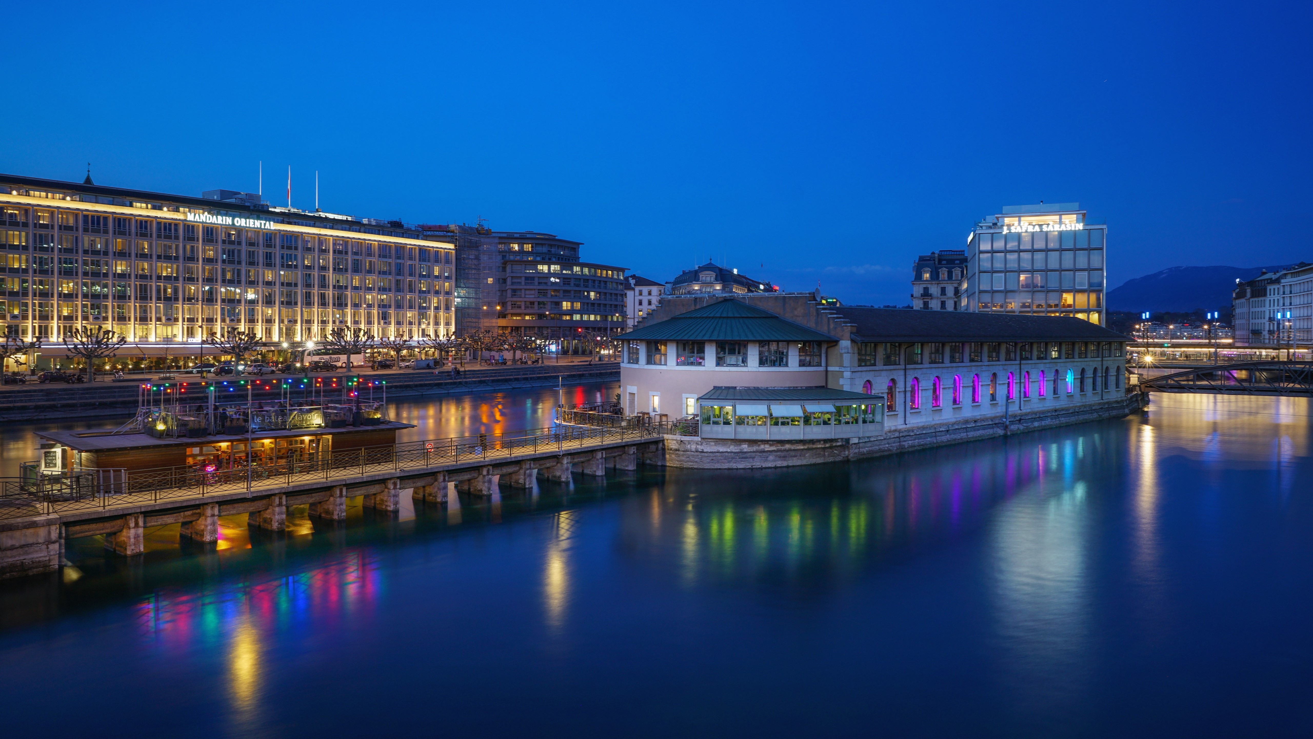 Geneva, Switzerland at Dusk with River and Buildings HD Wallpaper