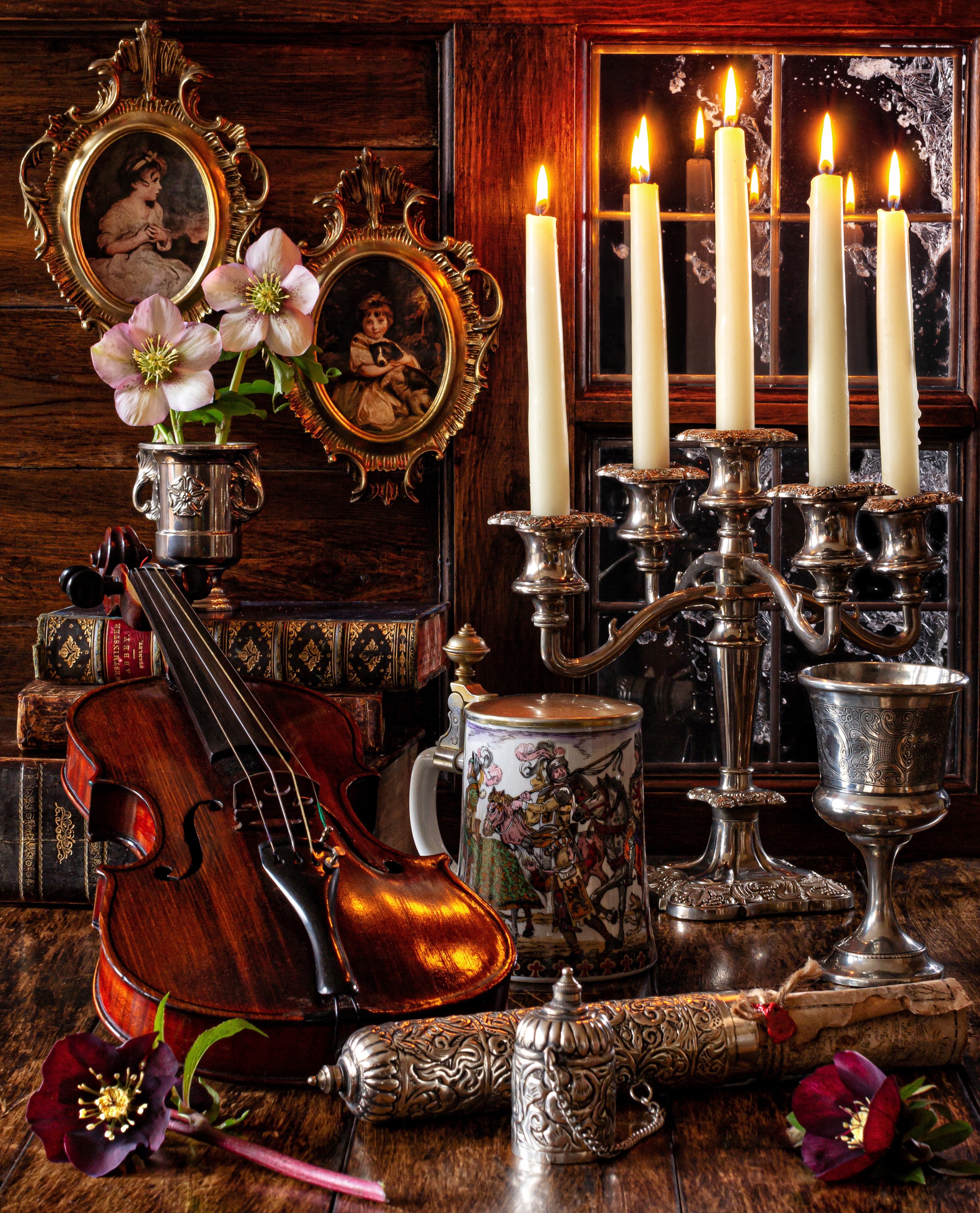Still-life with Violin, Candles, and Anemones HD Phone Wallpaper