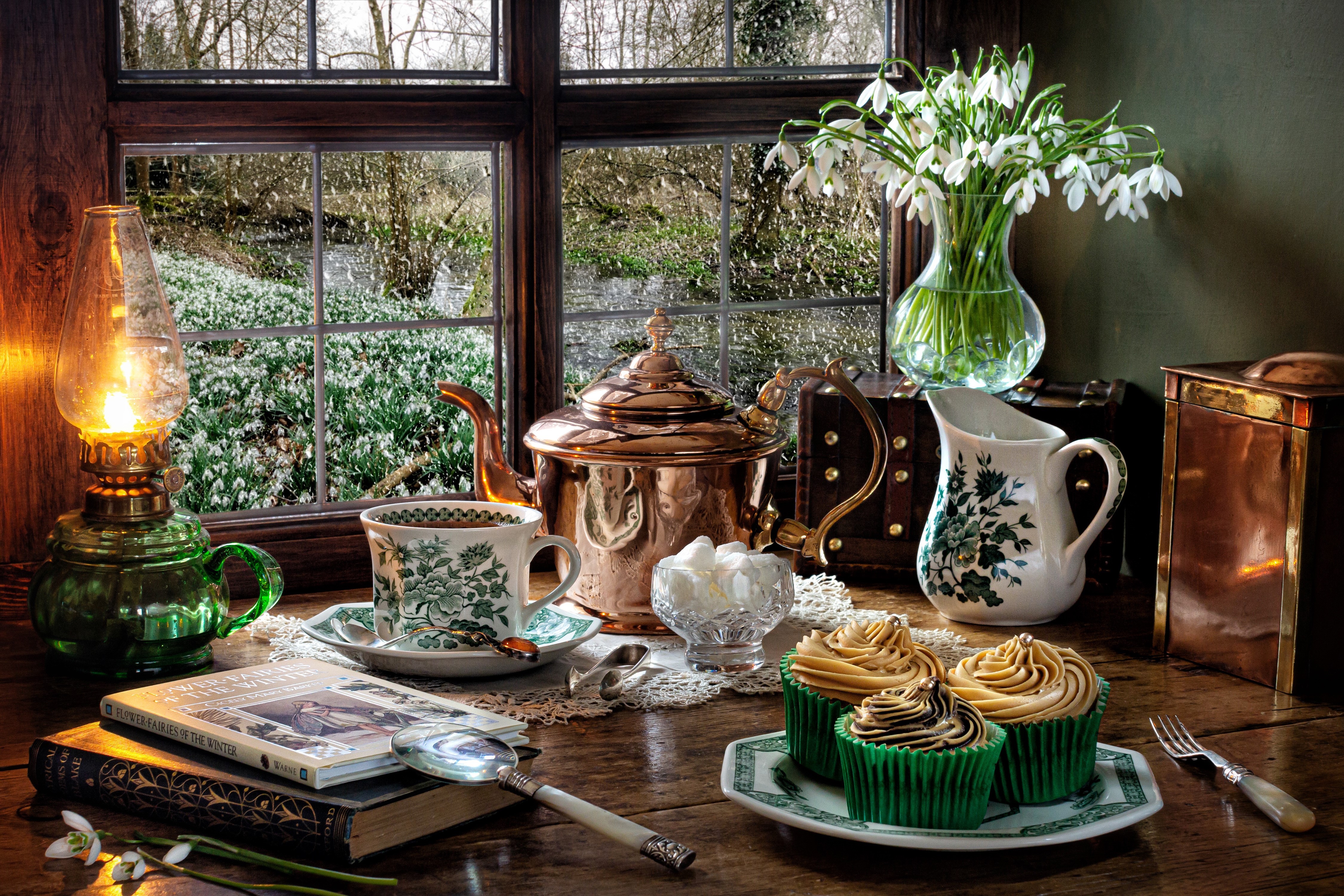 Still-life with Kerosene lamp, Snowdrops, Kettle, Cupcakes, and Book HD Wallpaper
