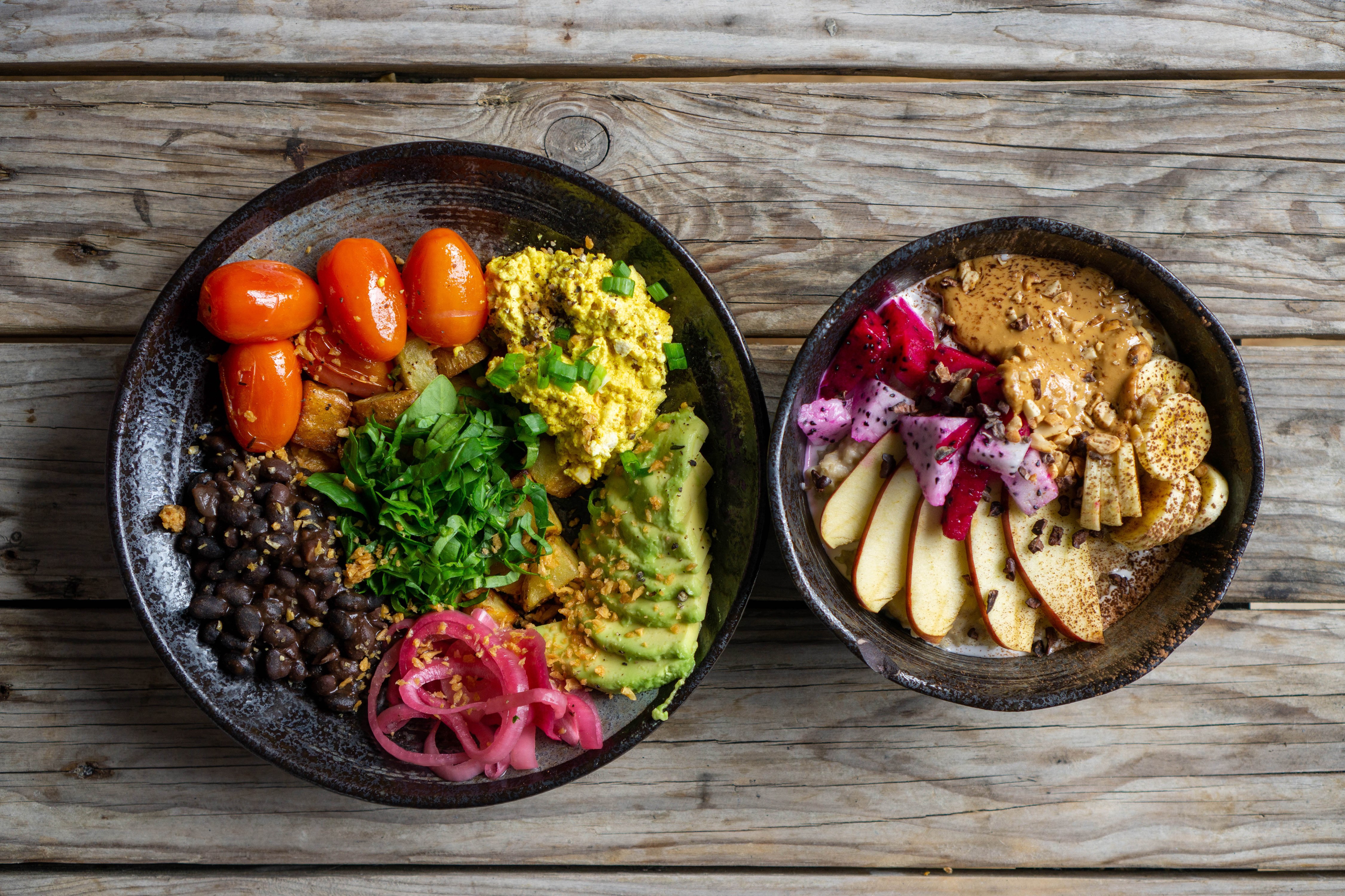 Two bowls of food with fruits and vegetables HD Wallpaper