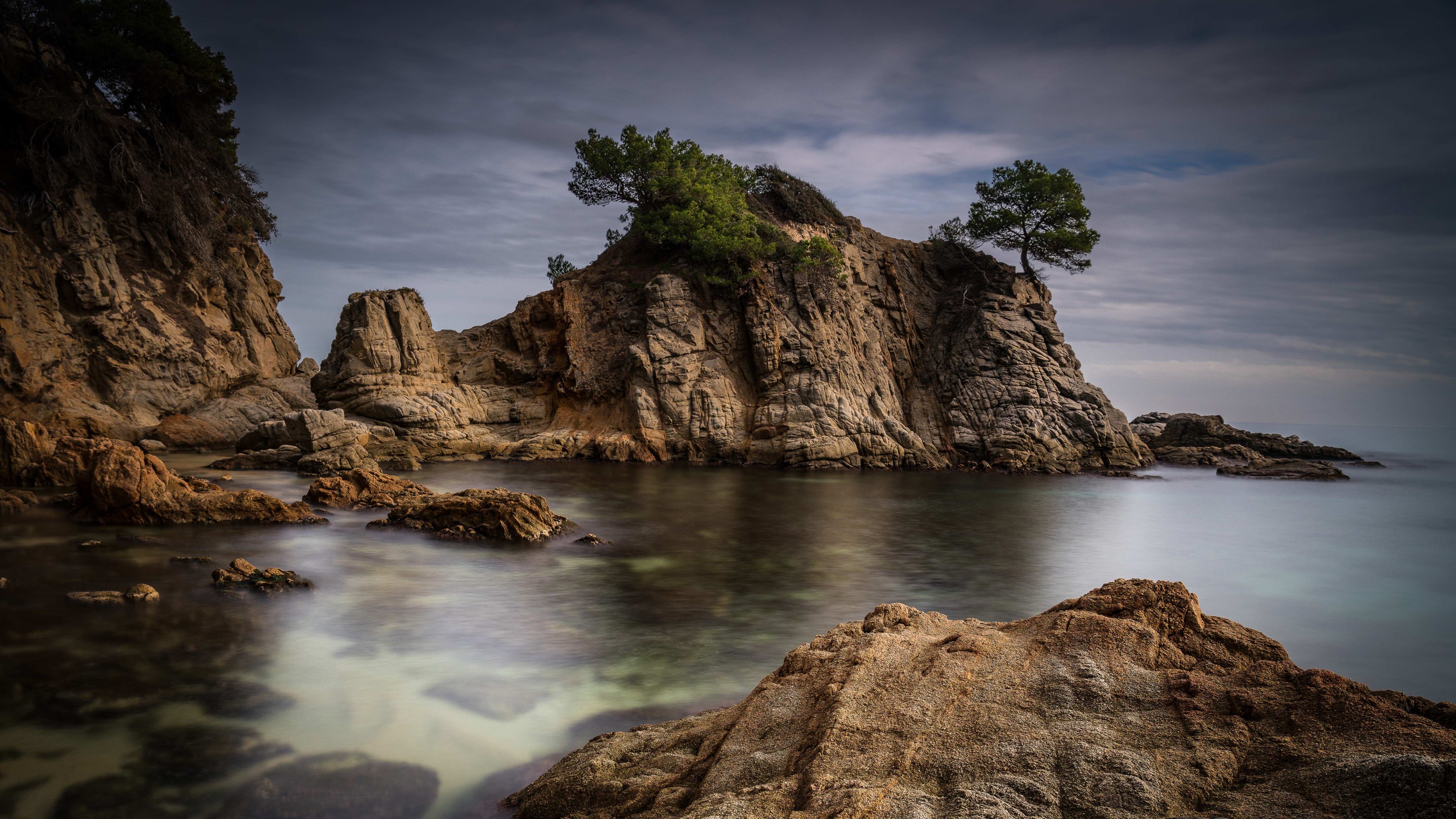 Costa Brava Coastline with Rocky Outcrops and Trees HD Wallpaper