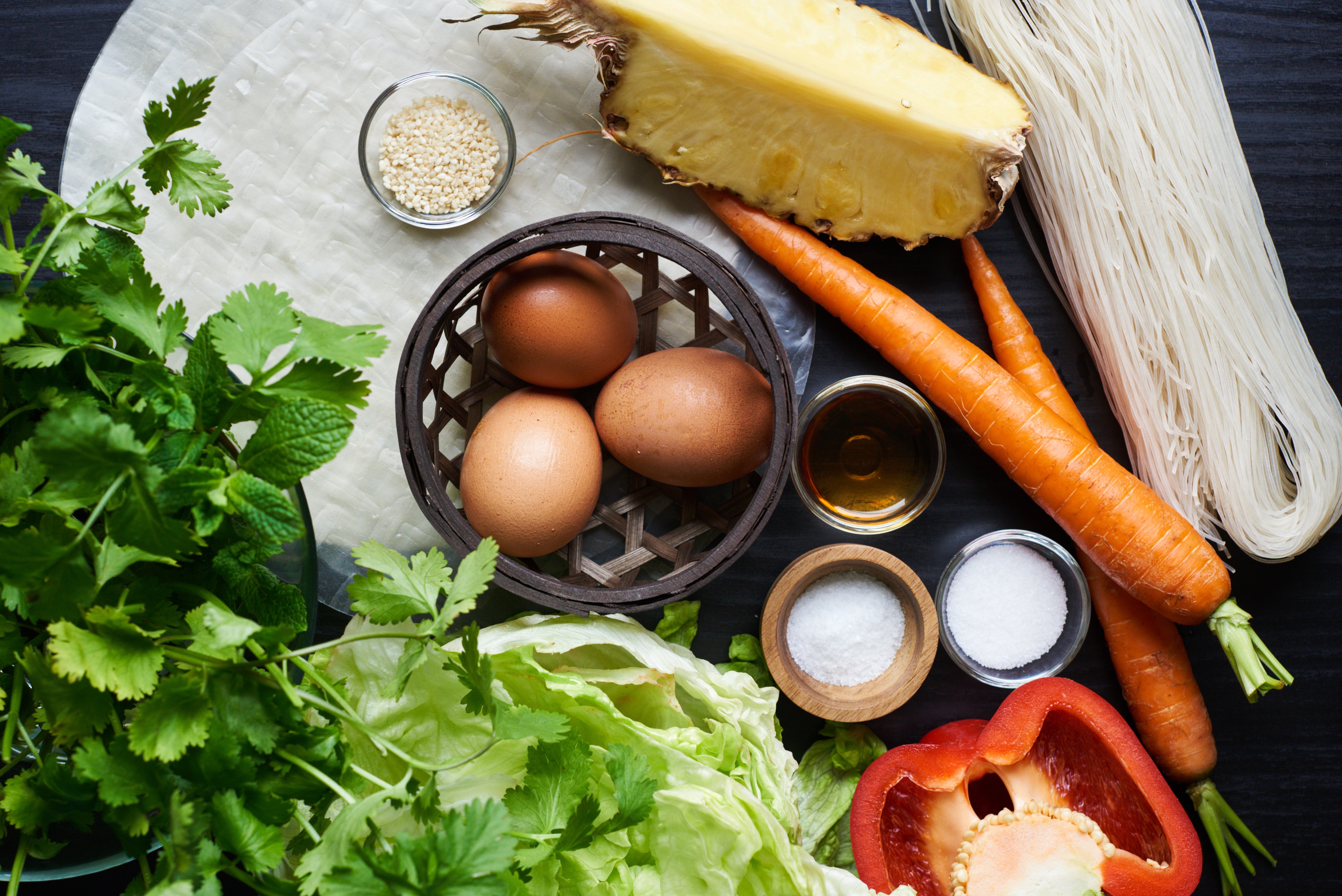 Ingredients for Spring Rolls: Pineapple, Carrots, Eggs, Noodles, Herbs HD Wallpaper