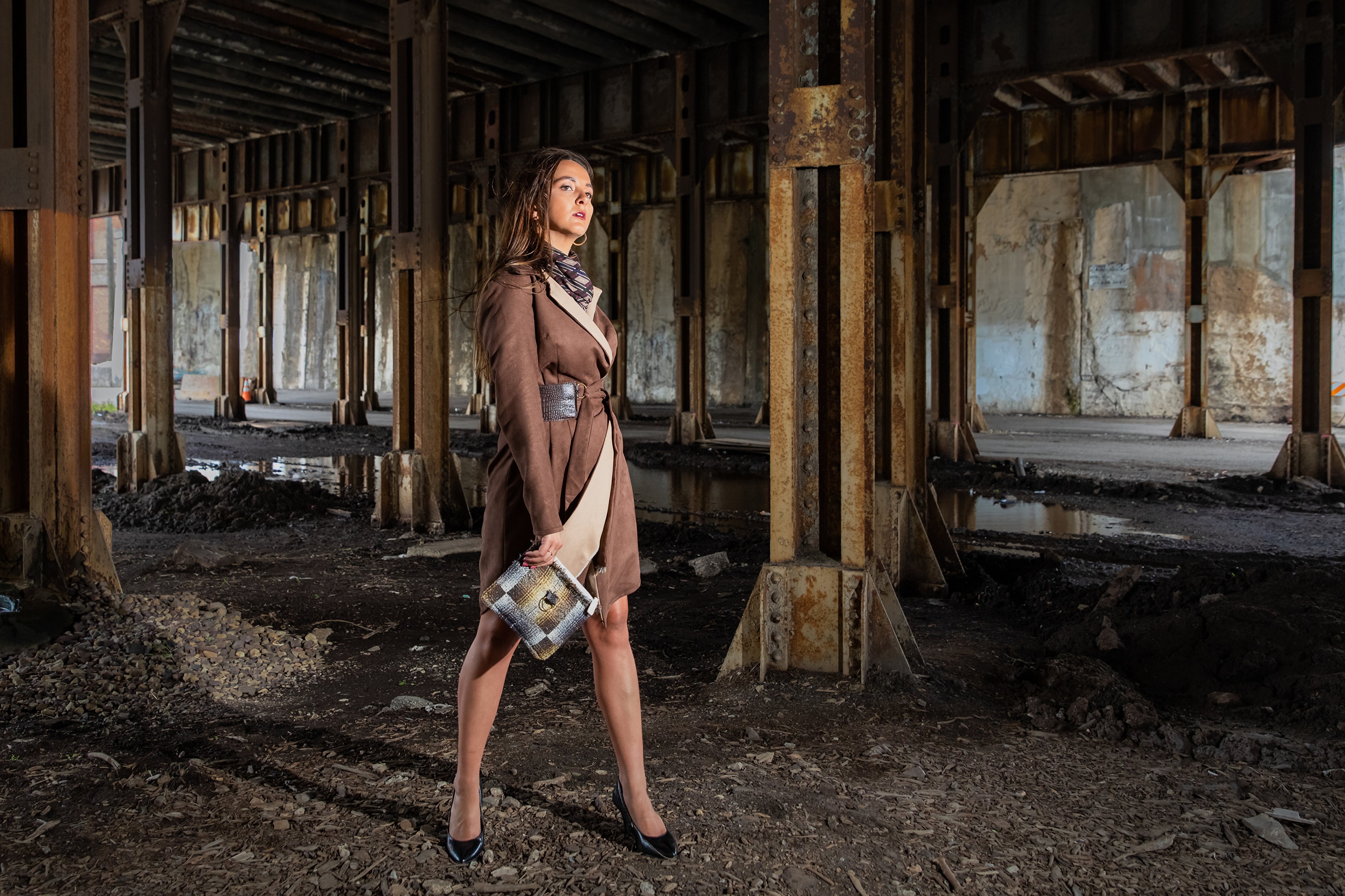 4K, Falyn Bruce posing in abandoned industrial space HD Wallpaper