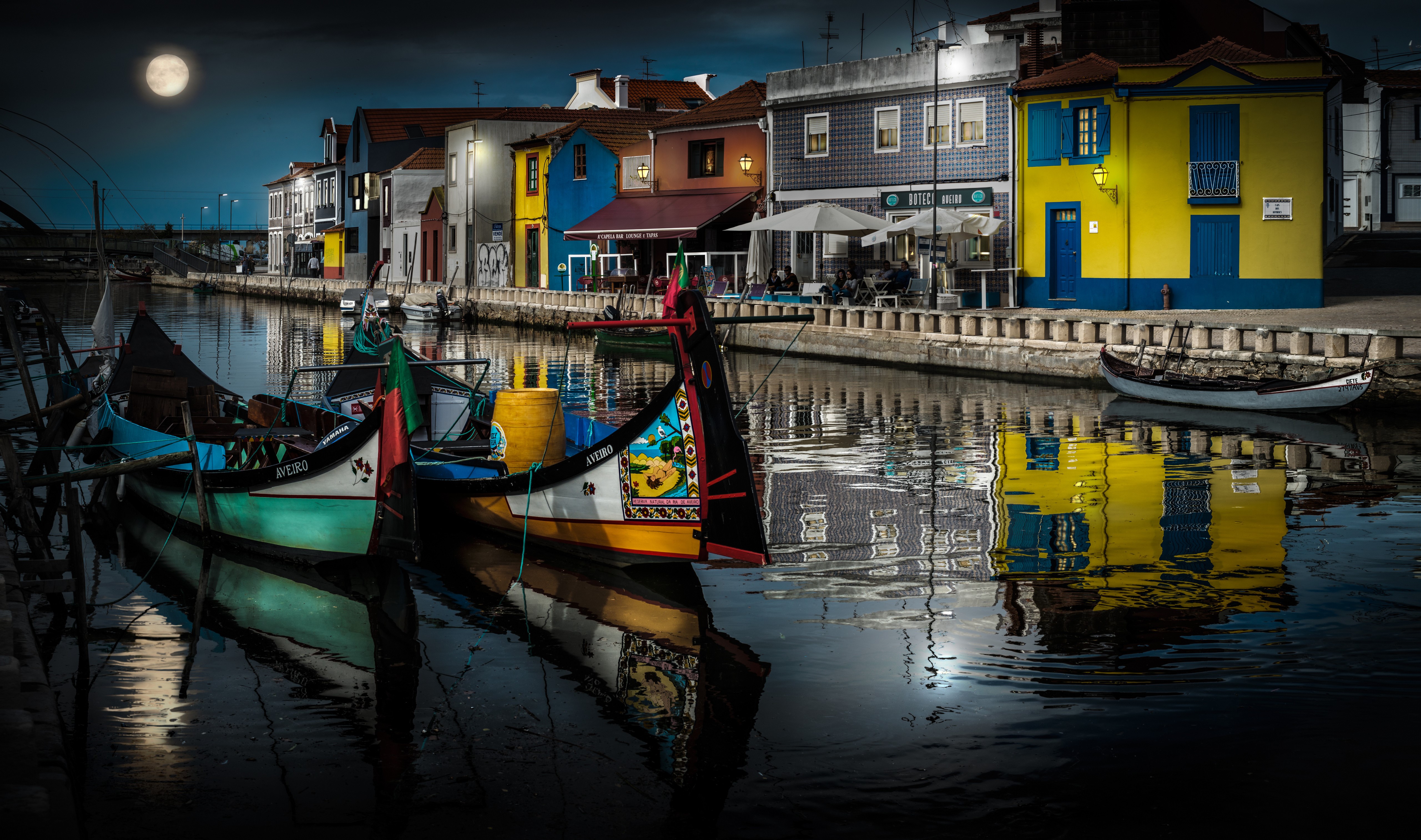 Aveiro Portugal Canal Houses and Boats at Night HD Wallpaper