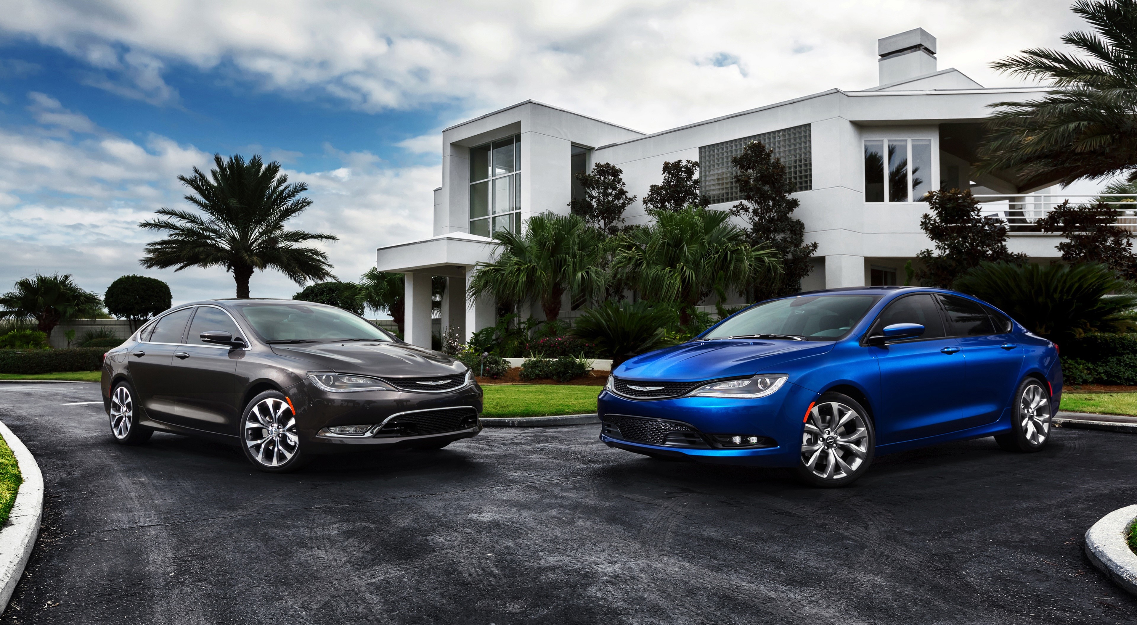 Two Chrysler 200S Sedans, Blue and Grey, in Front of Modern House HD Wallpaper