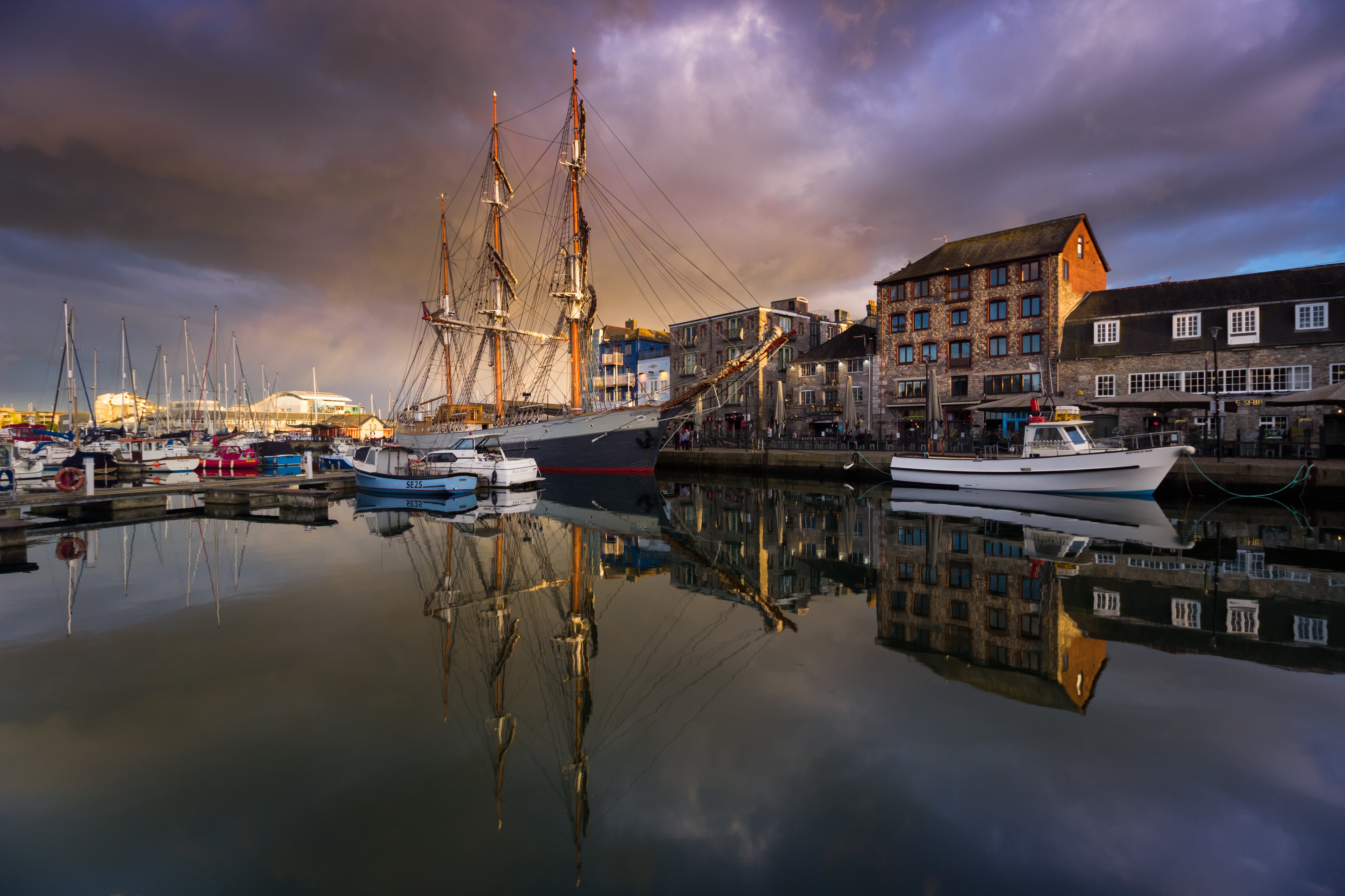 Tall Ship and Boats in Plymouth Marina, England HD Wallpaper