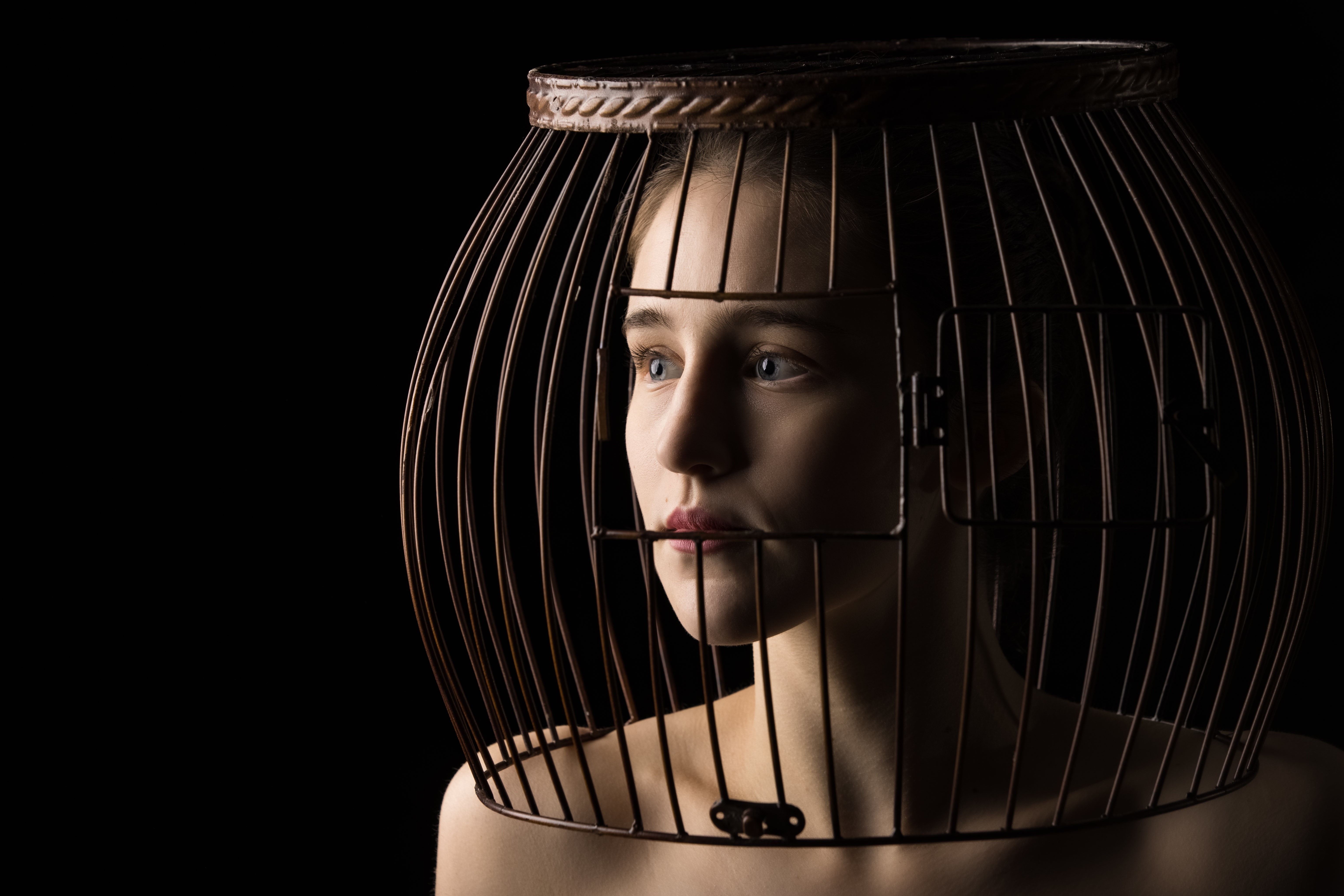 Woman in a bird cage HD Wallpaper