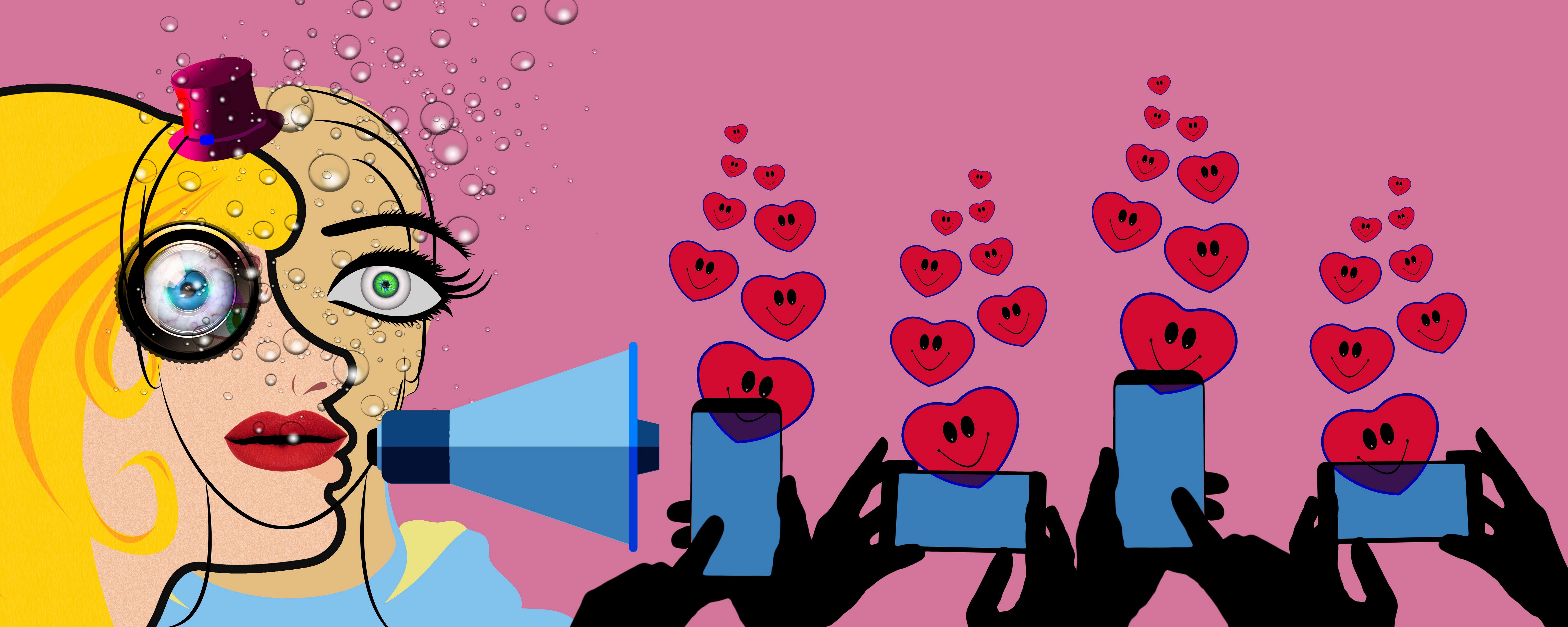 Woman with camera lens eye and megaphone broadcasting hearts to smartphones HD Wallpaper