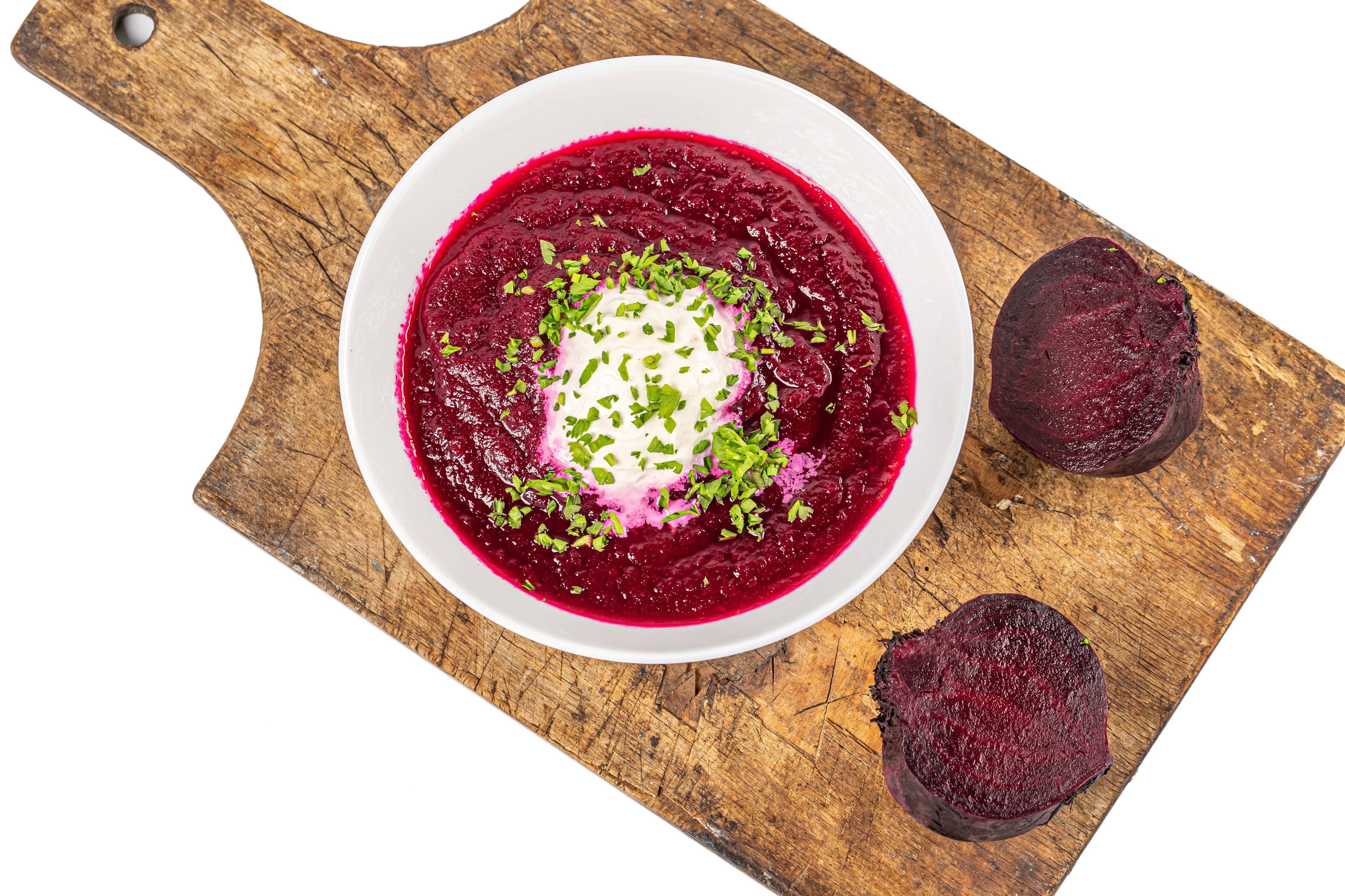 Beetroot soup with sour cream on a cutting board HD Wallpaper