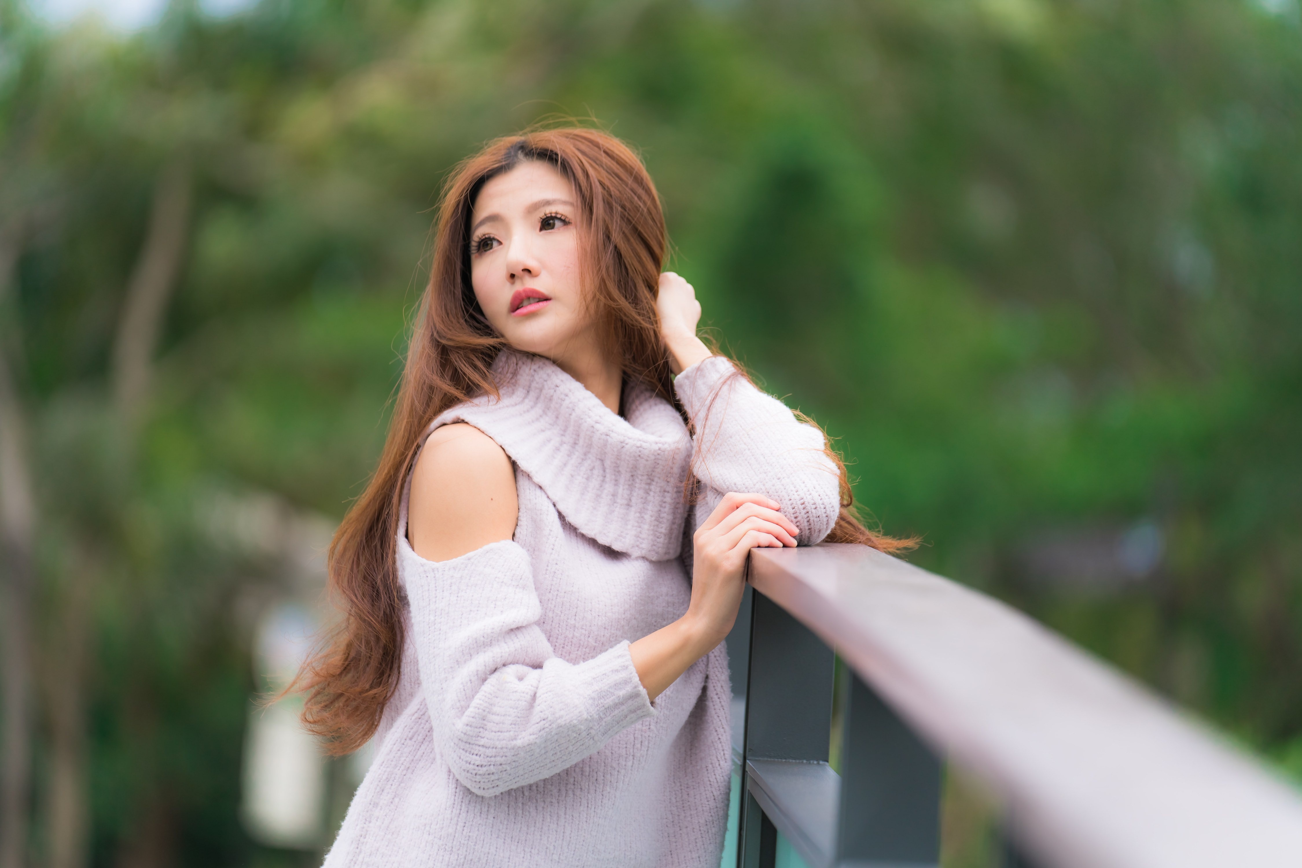 Asian woman with brown hair wearing a sweater HD Wallpaper