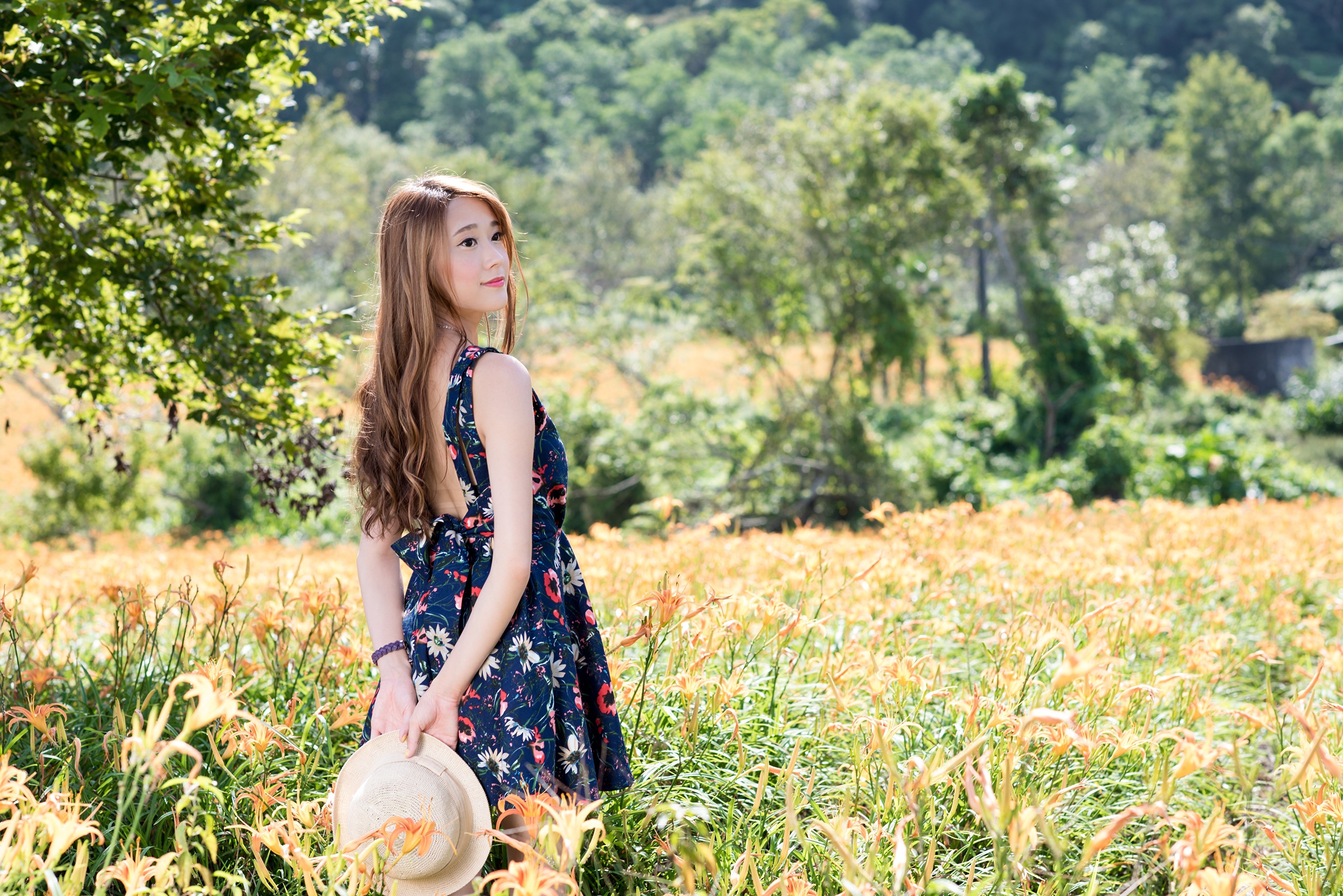 Asian woman in floral dress holding hat in flower field HD Wallpaper