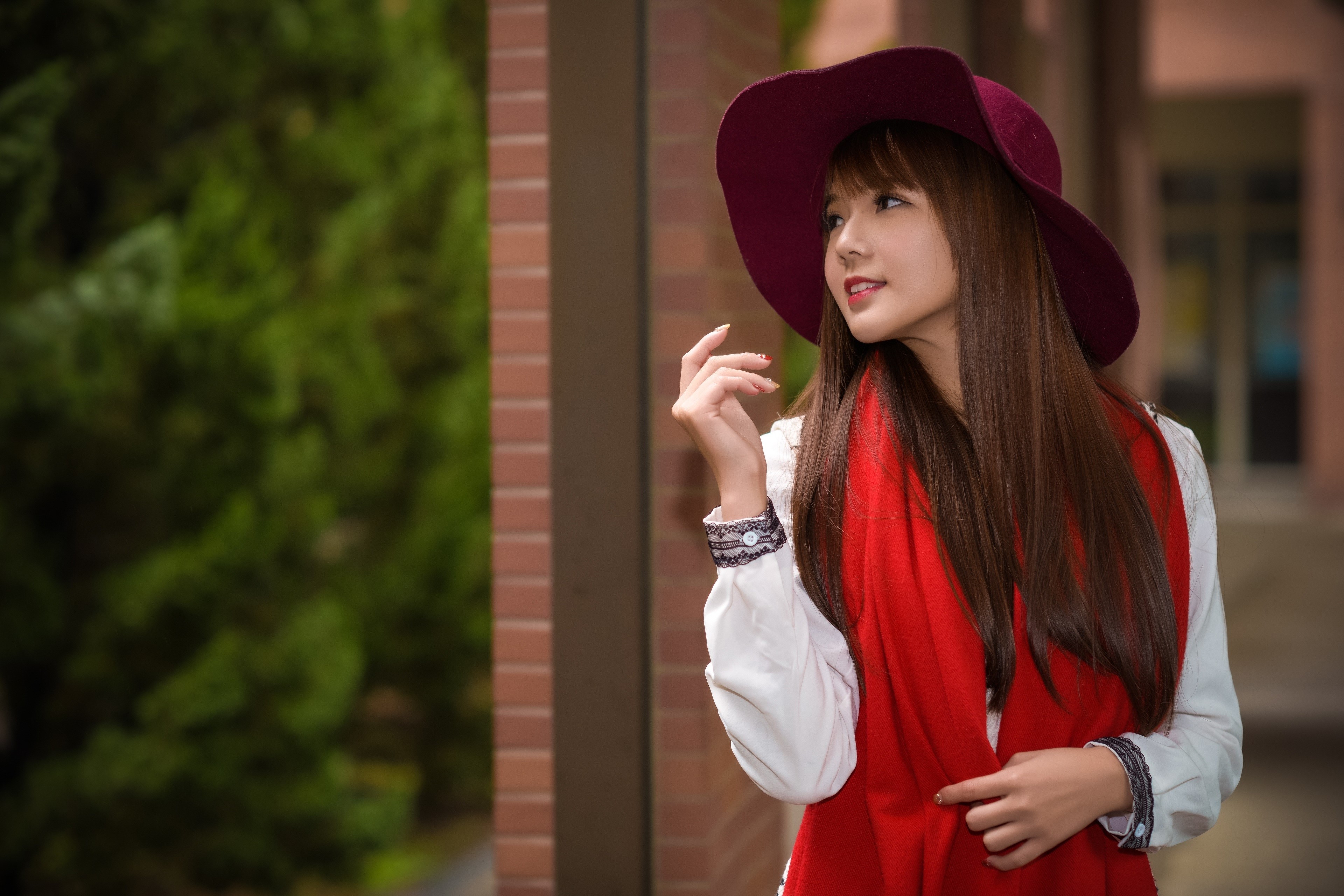 Asian woman with brown hair wearing a hat and scarf HD Wallpaper