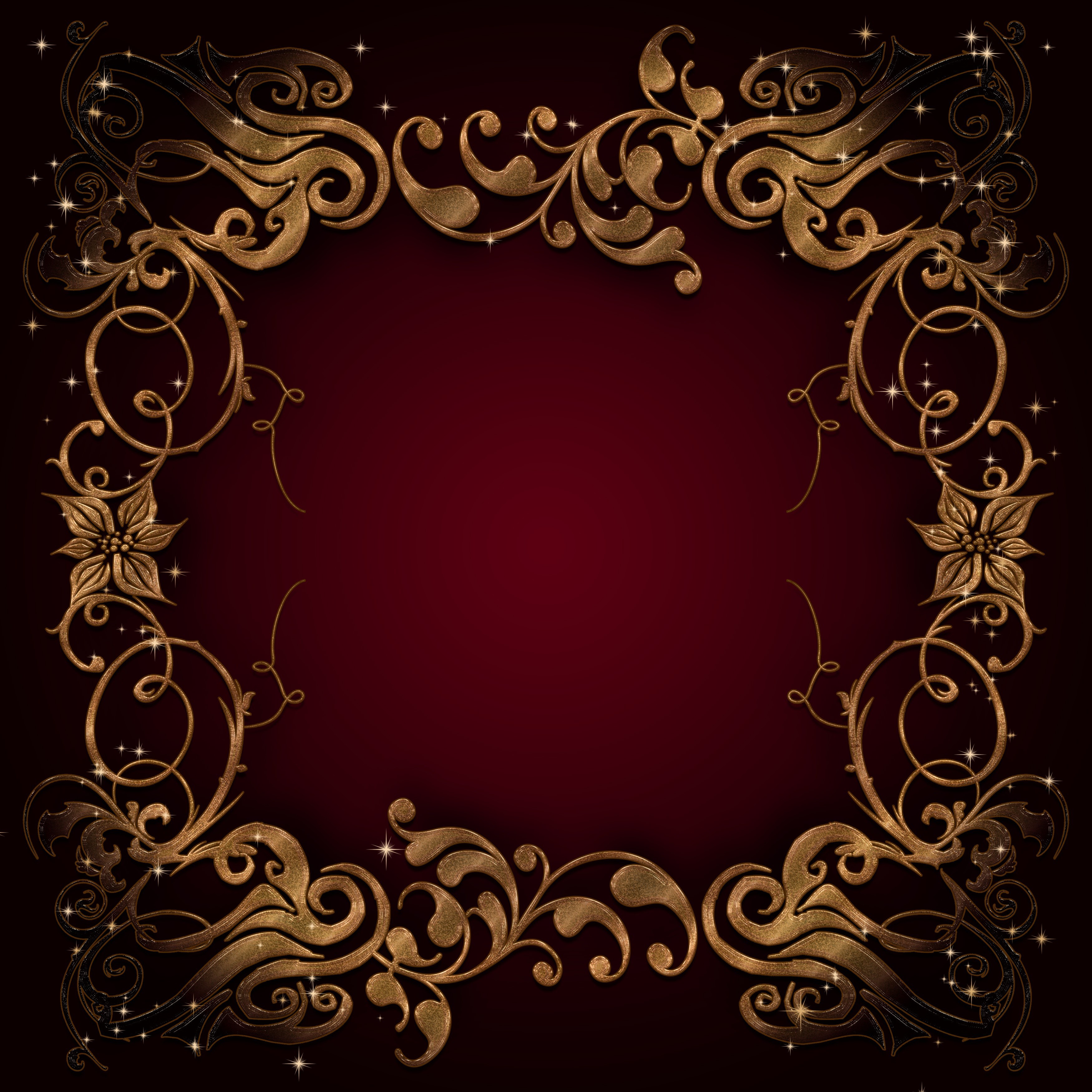 Ornate golden floral frame on a dark red background HD Wallpaper