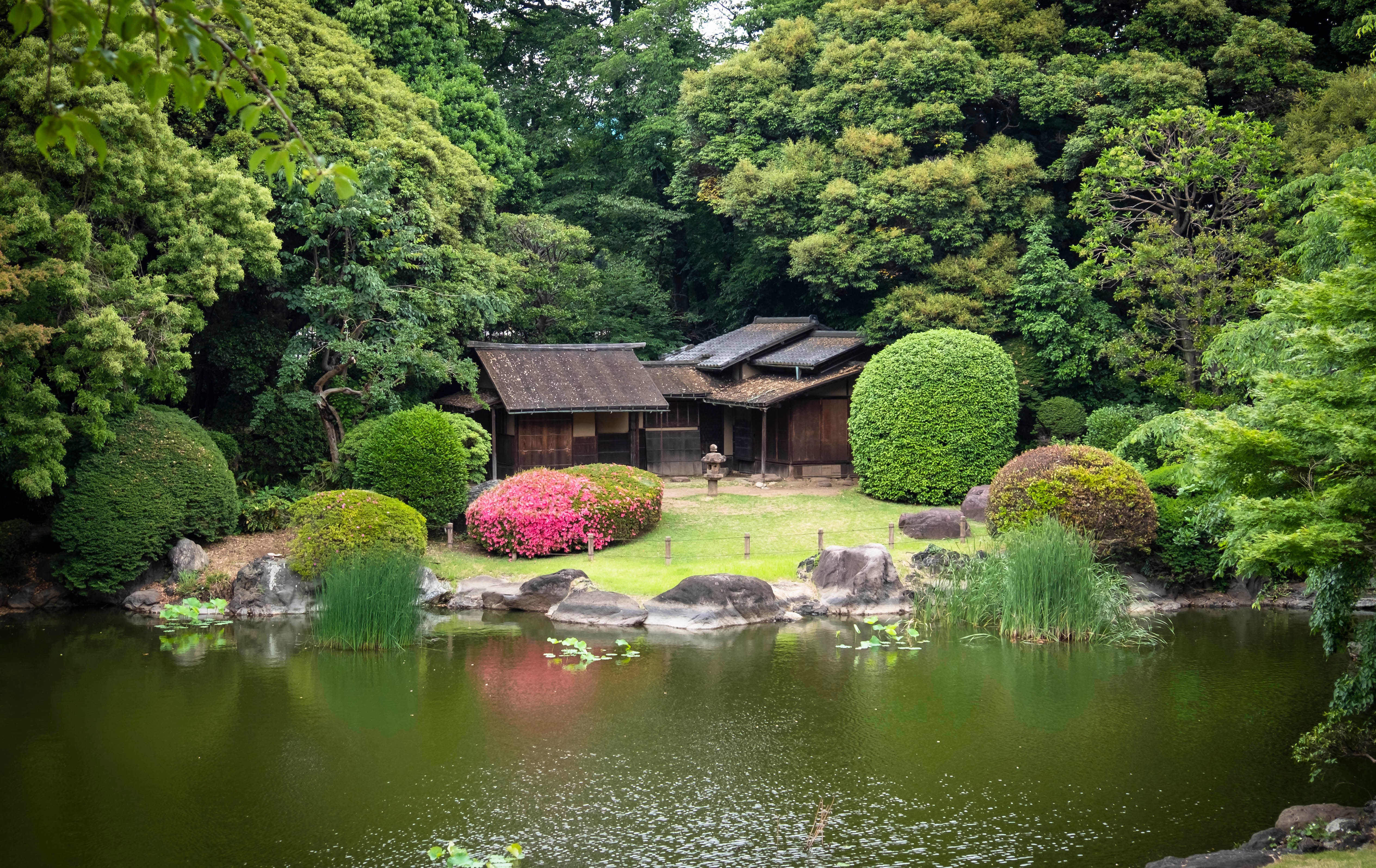 Japanese Garden with Pond and Traditional House HD Wallpaper