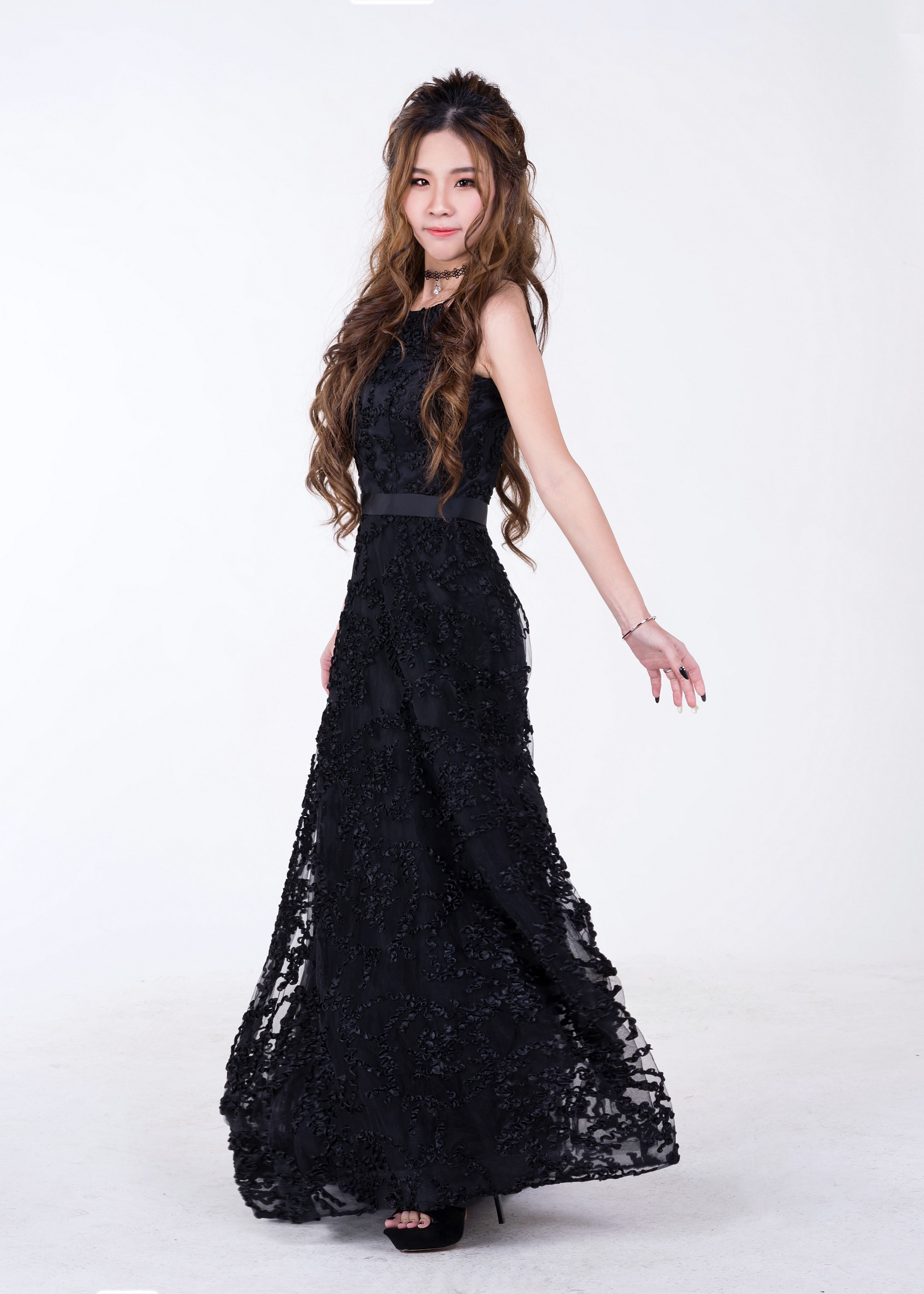 Asian woman in a black lace dress posing HD Phone Wallpaper