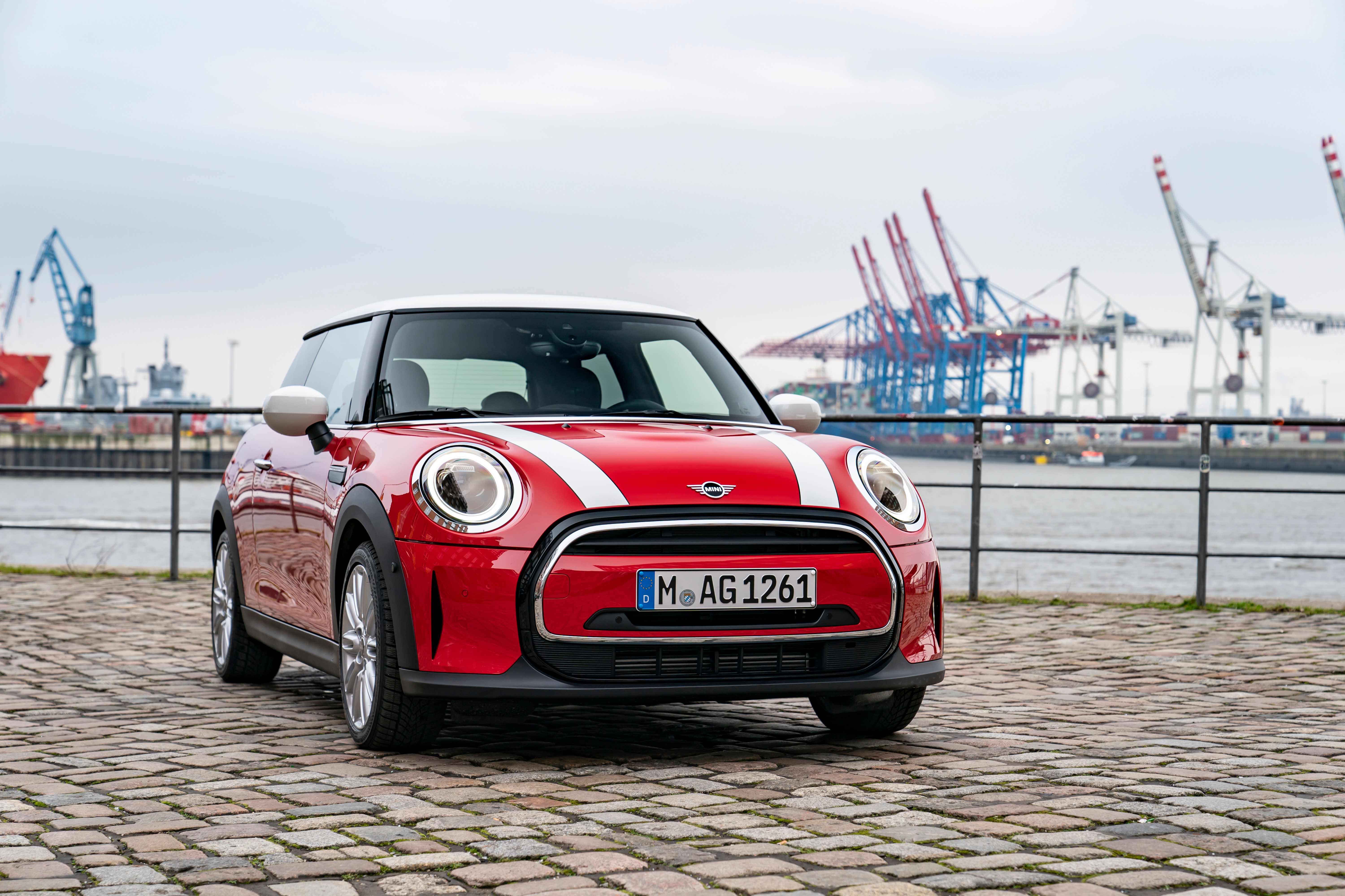 Red 2021 Mini Cooper (F56) with White Stripes HD Wallpaper