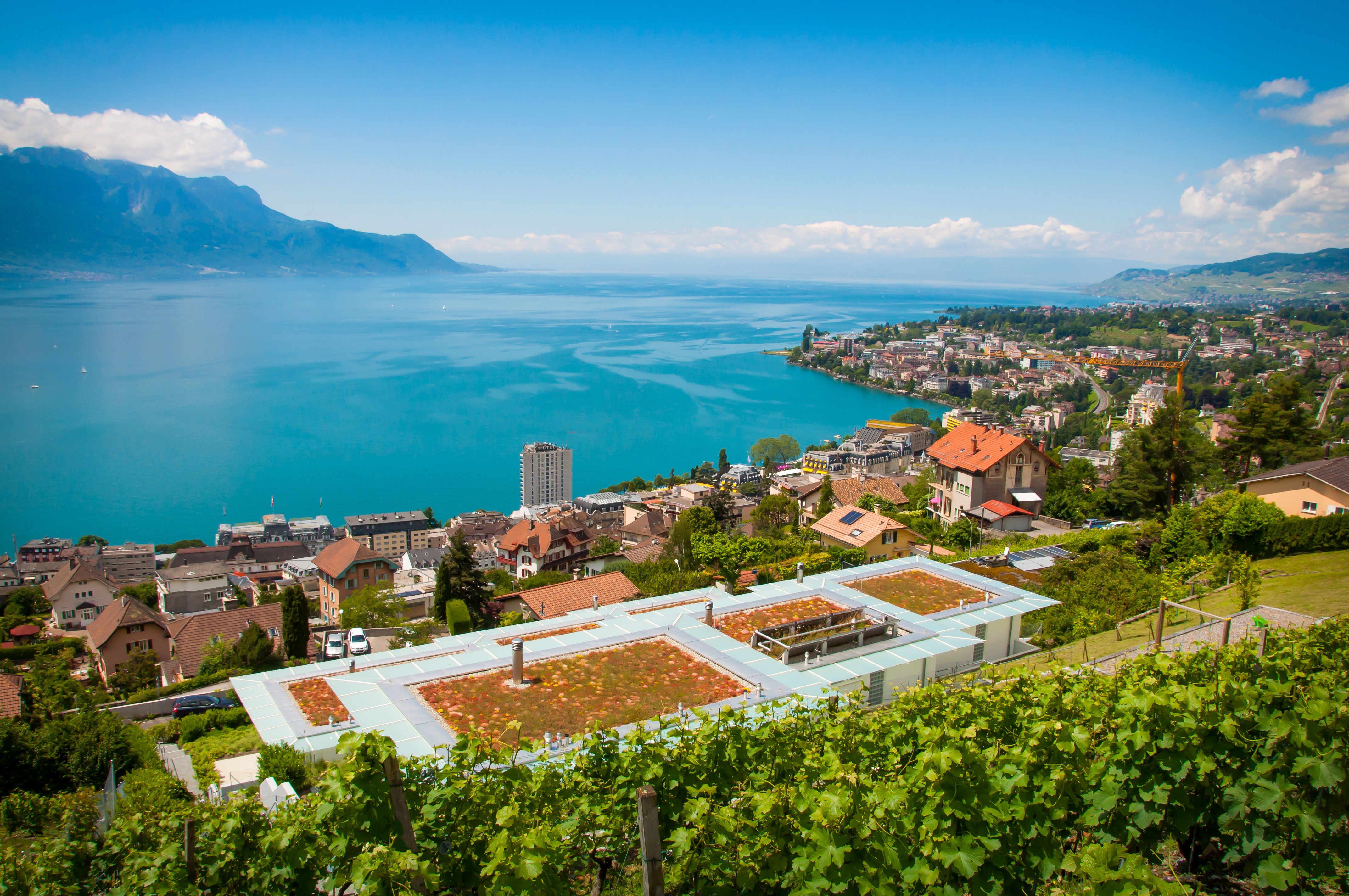 4K Lake Geneva and Montreux, Switzerland from above HD Wallpaper